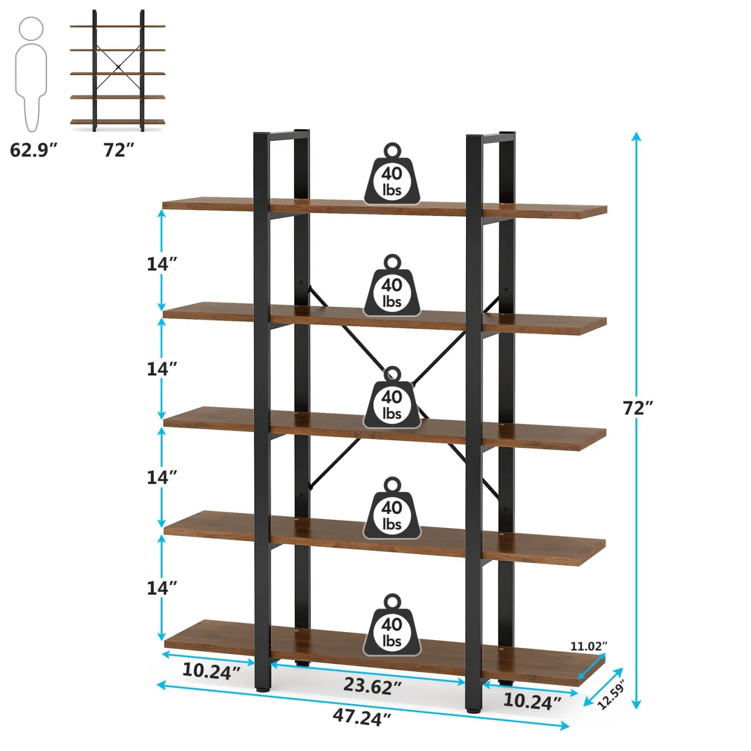 5-Tier Bookshelf, Open Etagere Bookcase Storage Display Rack