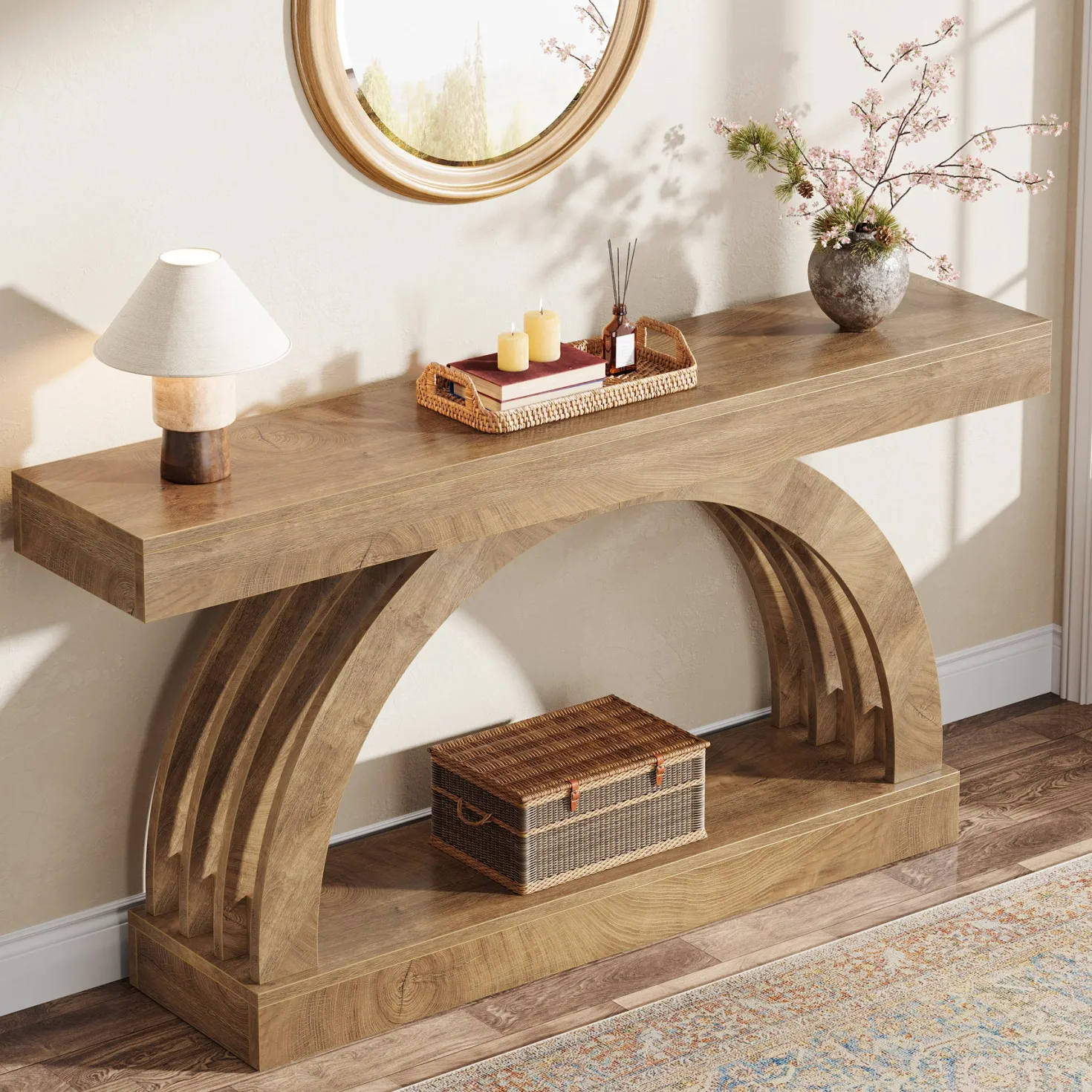 2-Tier Console Table, 63" Unique Arched Sofa Table Behind The Couch