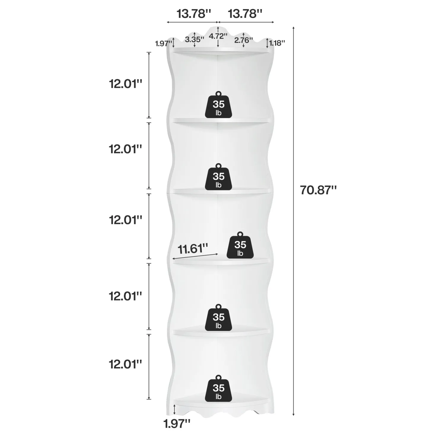 5-Tier Corner Shelf, 70.8" Corner Bookshelf Wavy Shaped Display Rack