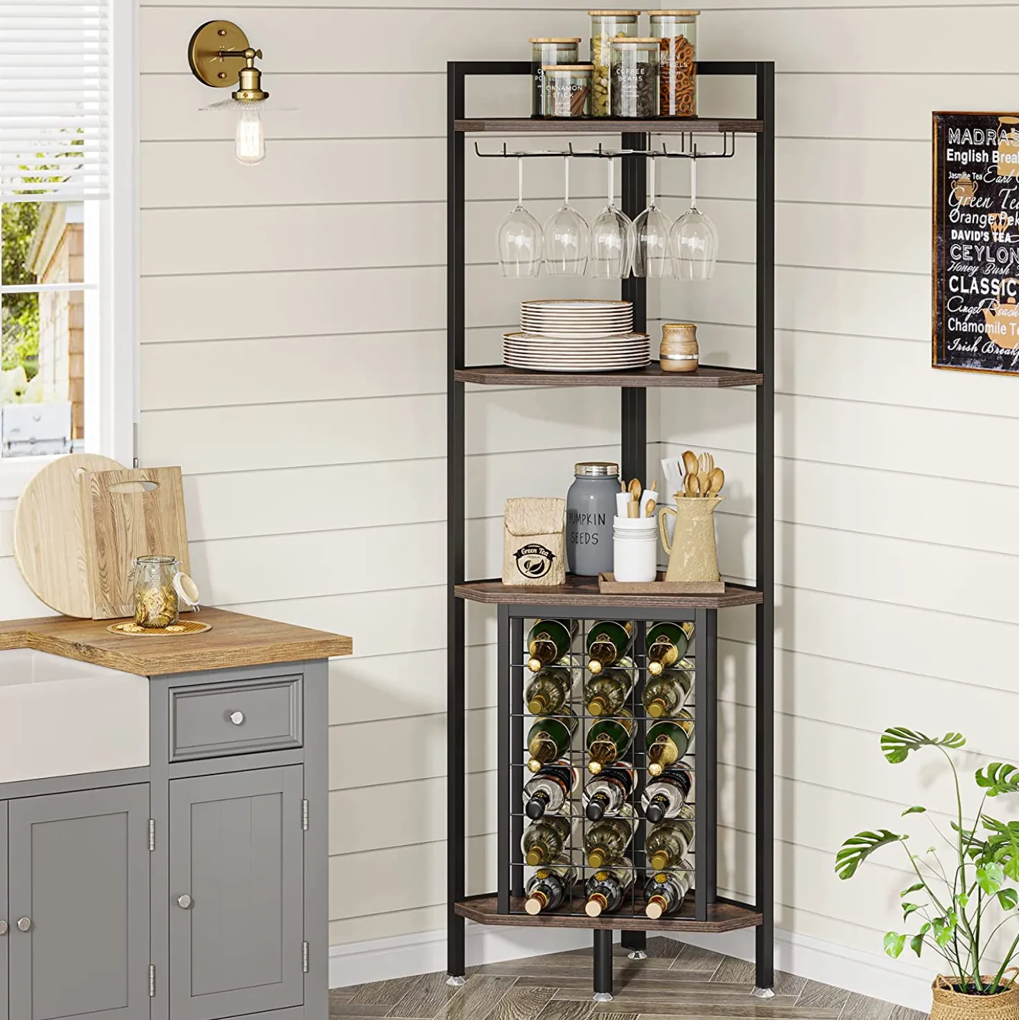 4-Tier Corner Wine Rack with Glass Holder & Storage Shelves