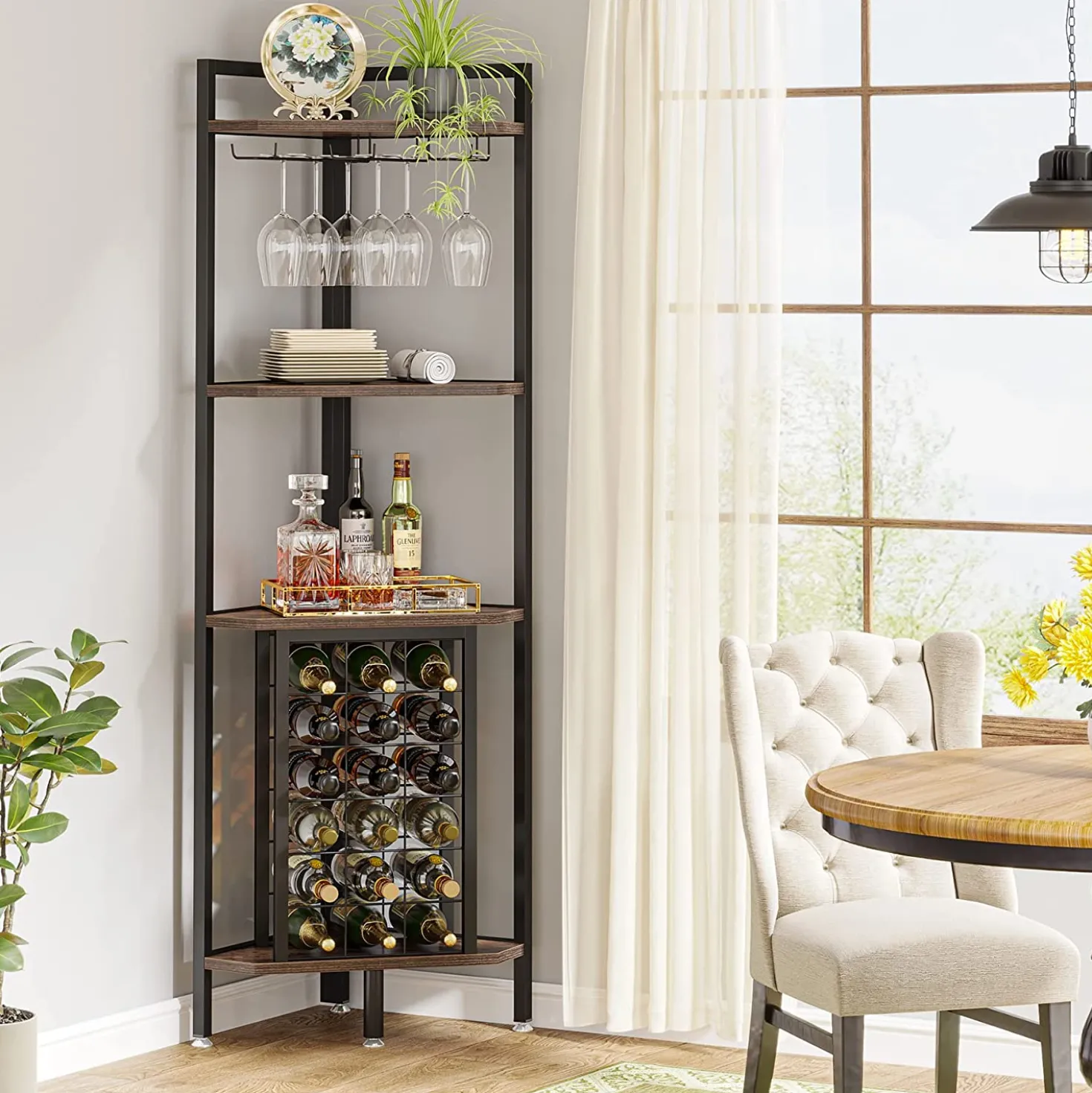 4-Tier Corner Wine Rack with Glass Holder & Storage Shelves
