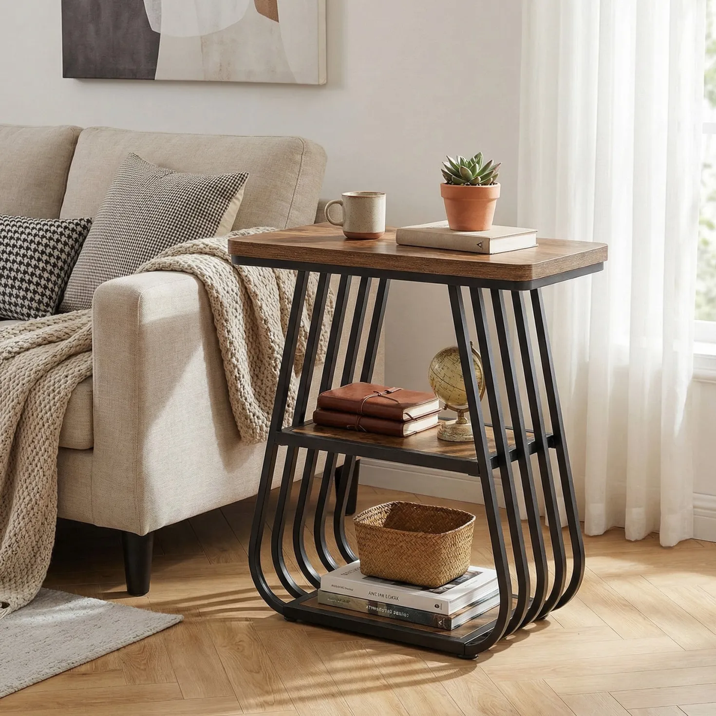 3-Tier End Table, 23.62" Side Table with Storage Shelves for Small Spaces