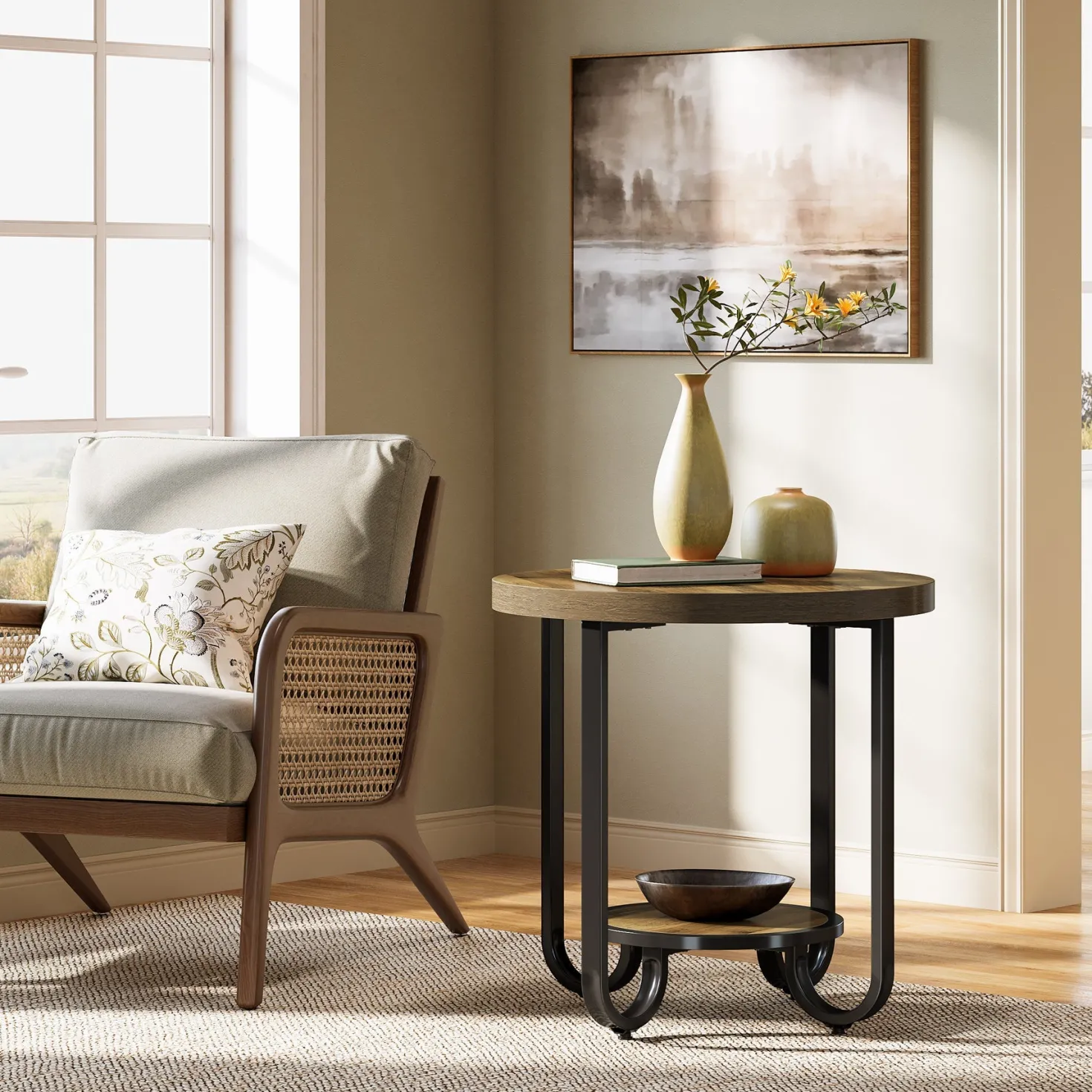 2-Tier End Table, Round Side Table Nightstand with Curved Metal Legs