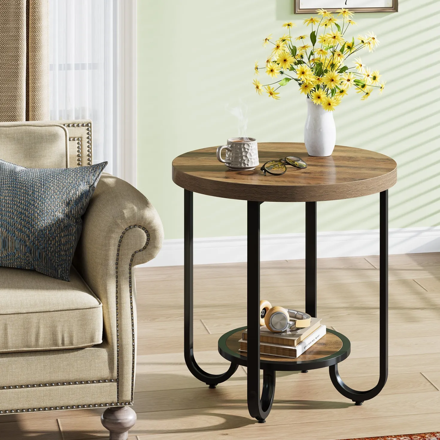 2-Tier End Table, Round Side Table Nightstand with Curved Metal Legs