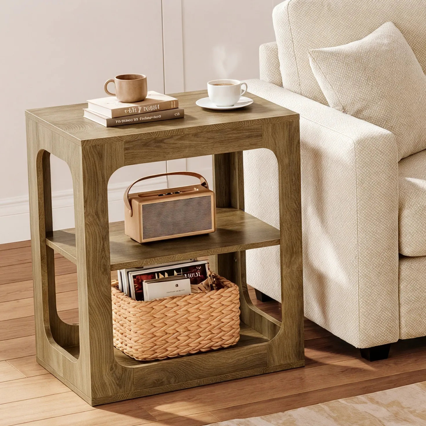 3-Tier End Table with Storage Shelves, Rustic Brown Side Table for Living Room and Bedroom