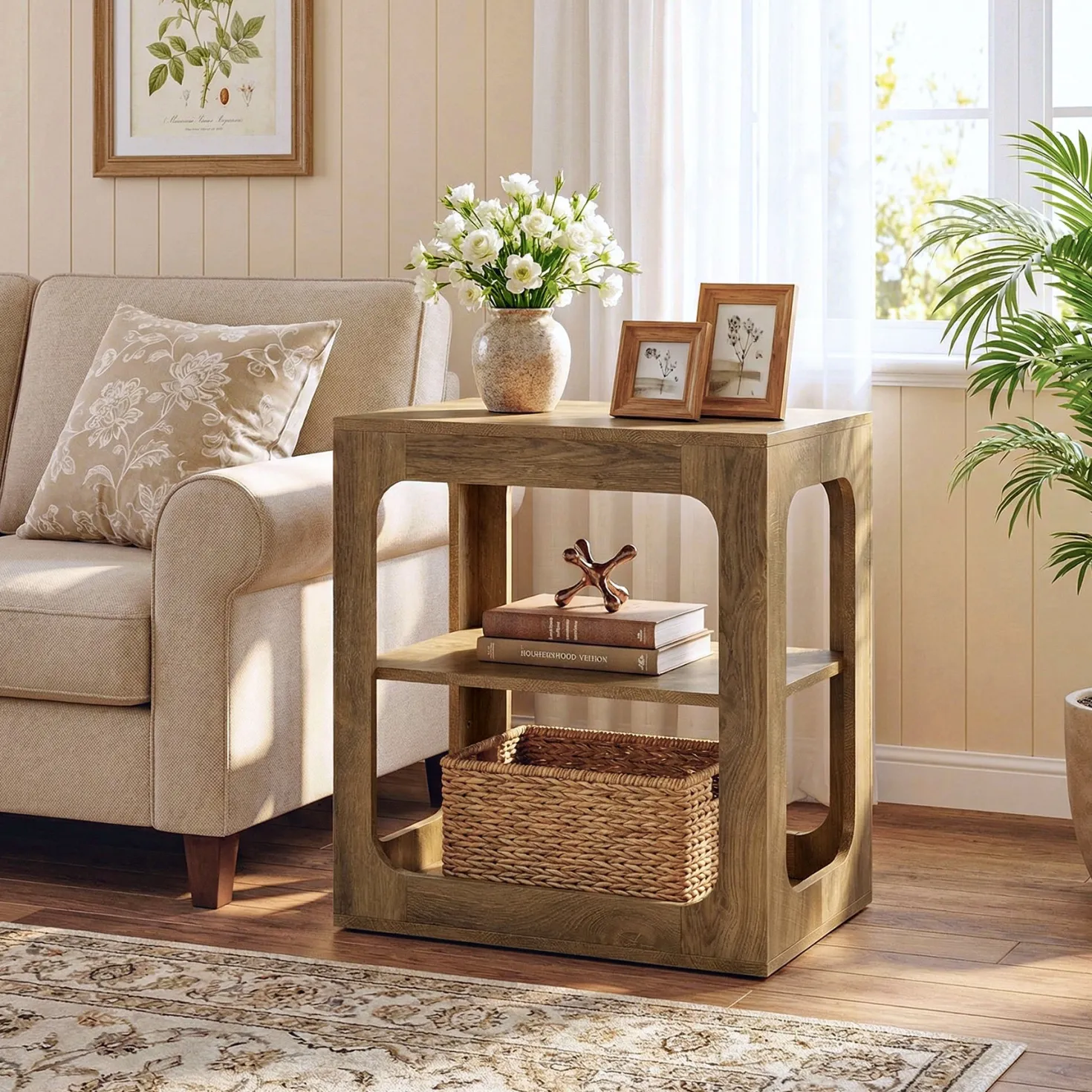 3-Tier End Table with Storage Shelves, Rustic Brown Side Table for Living Room and Bedroom