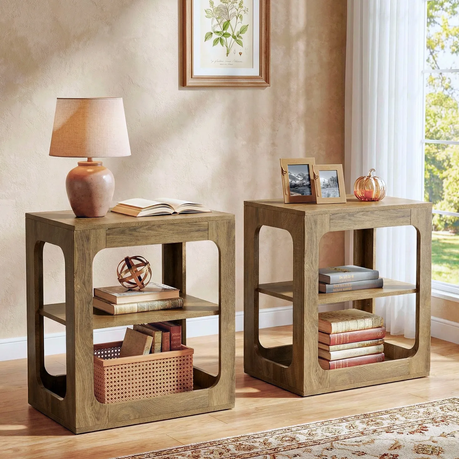 3-Tier End Table with Storage Shelves, Rustic Brown Side Table for Living Room and Bedroom