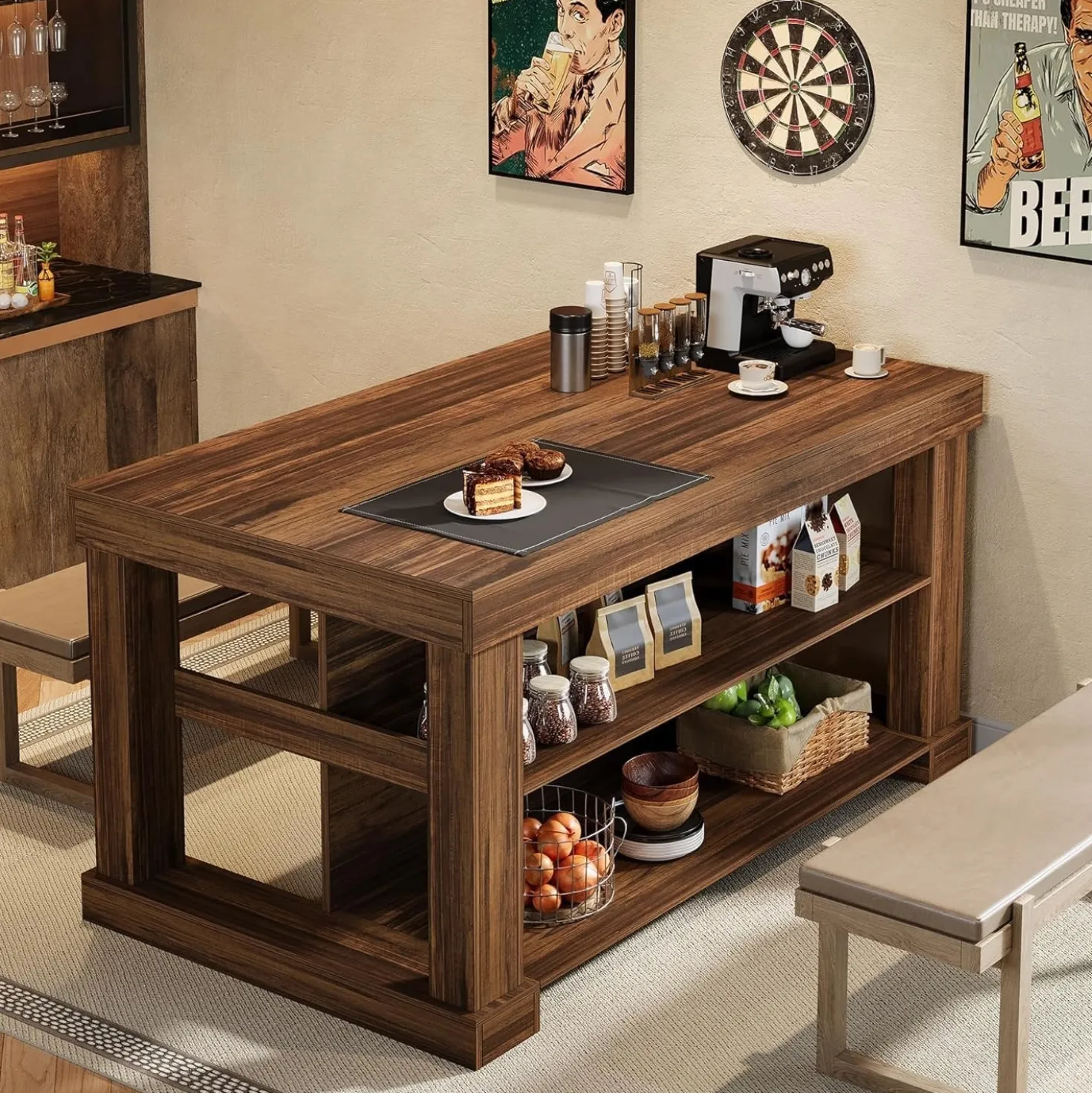 3-Tier Kitchen Island, 55" Width Kitchen Shelf with Large Worktop