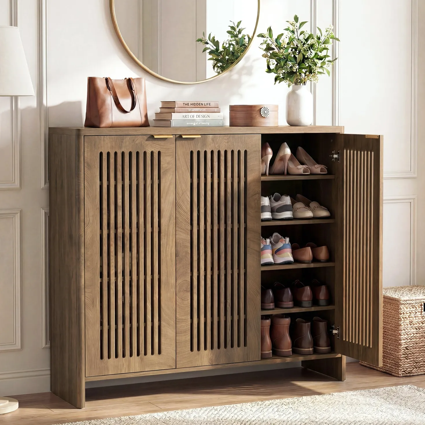 5-Tier Shoe Cabinet with Doors, Wooden Shoe Storage for 25-30 Pairs with Adjustable Shelves