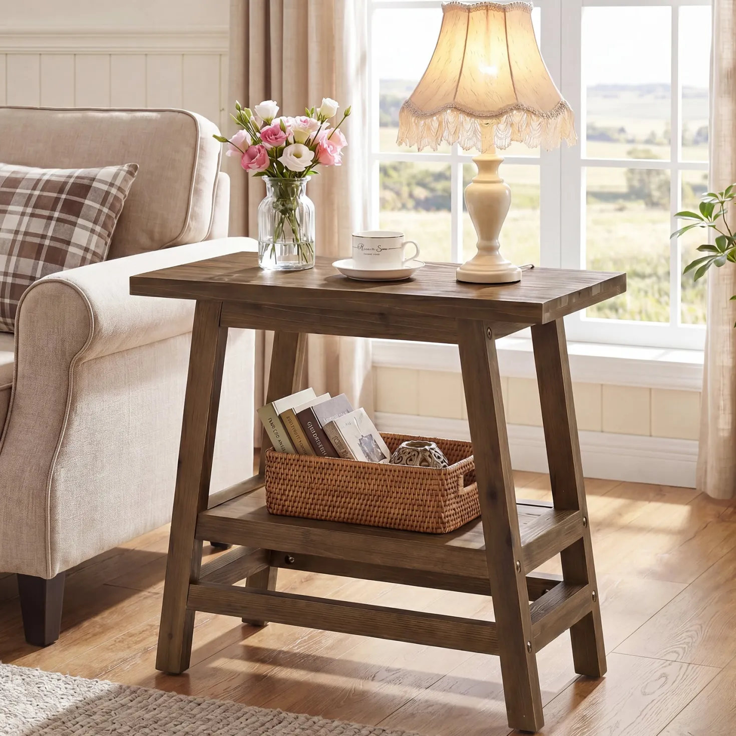 2-Tier Small Side Table, Farmhouse Rectangular Nightstand for Living Room, Bedroom