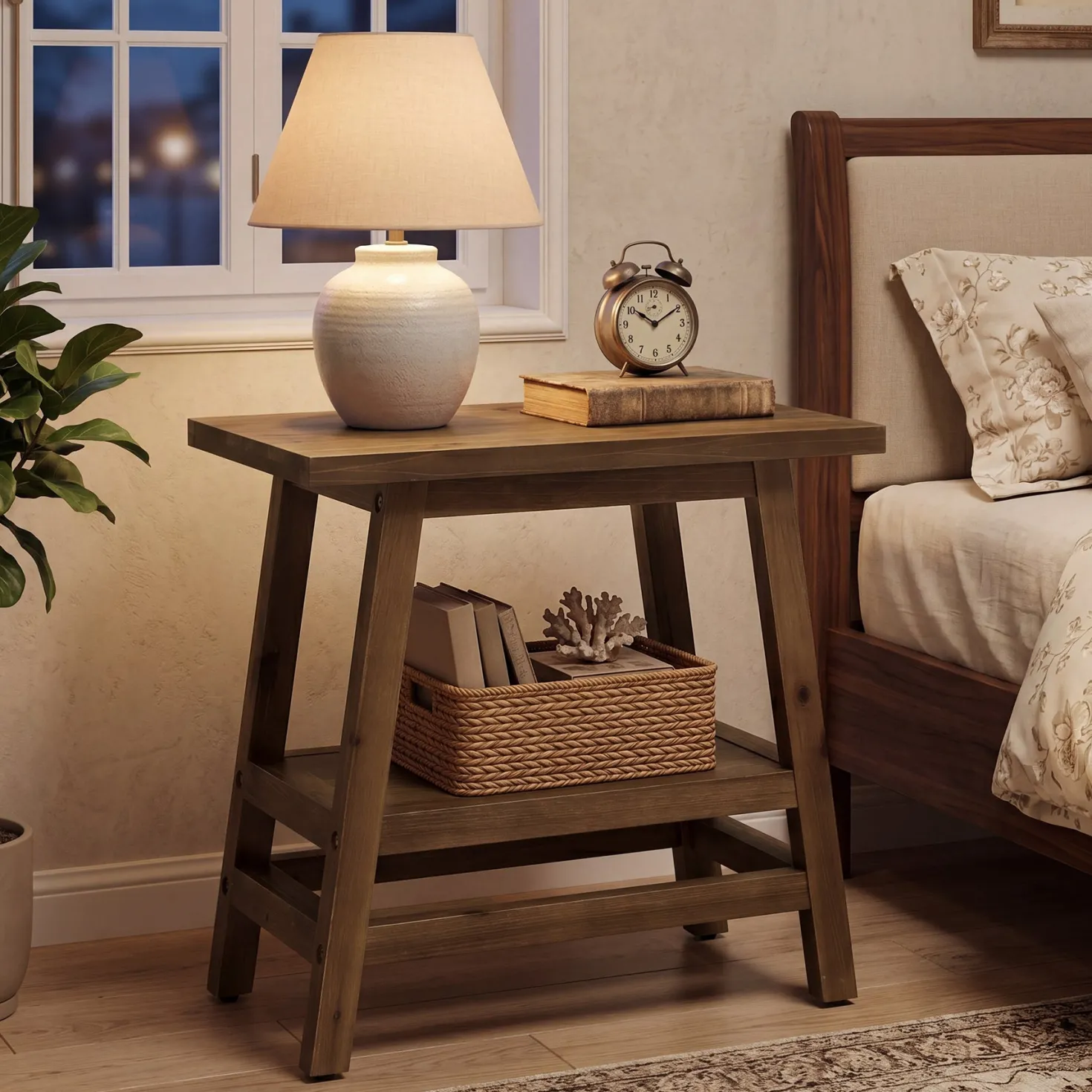 2-Tier Small Side Table, Farmhouse Rectangular Nightstand for Living Room, Bedroom