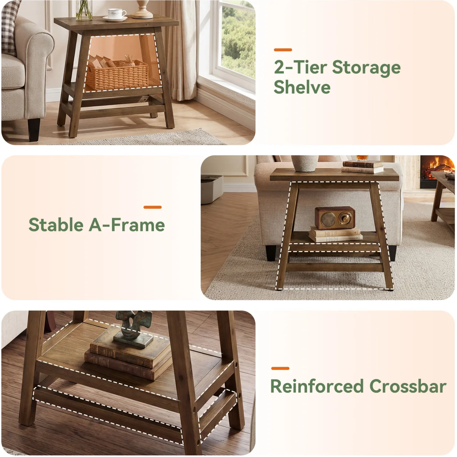2-Tier Small Side Table, Farmhouse Rectangular Nightstand for Living Room, Bedroom