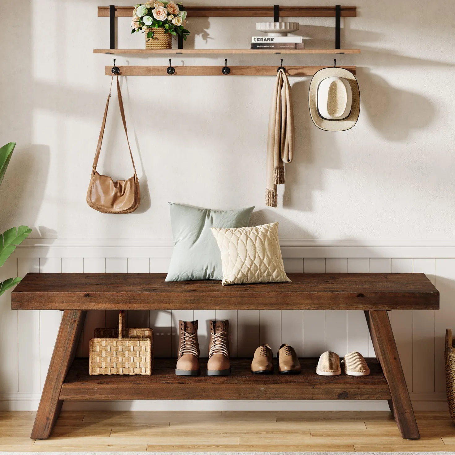2-Tier Solid Wood Entryway Bench with Open Storage, Wooden Shoe Bench for Hallway & Foyer