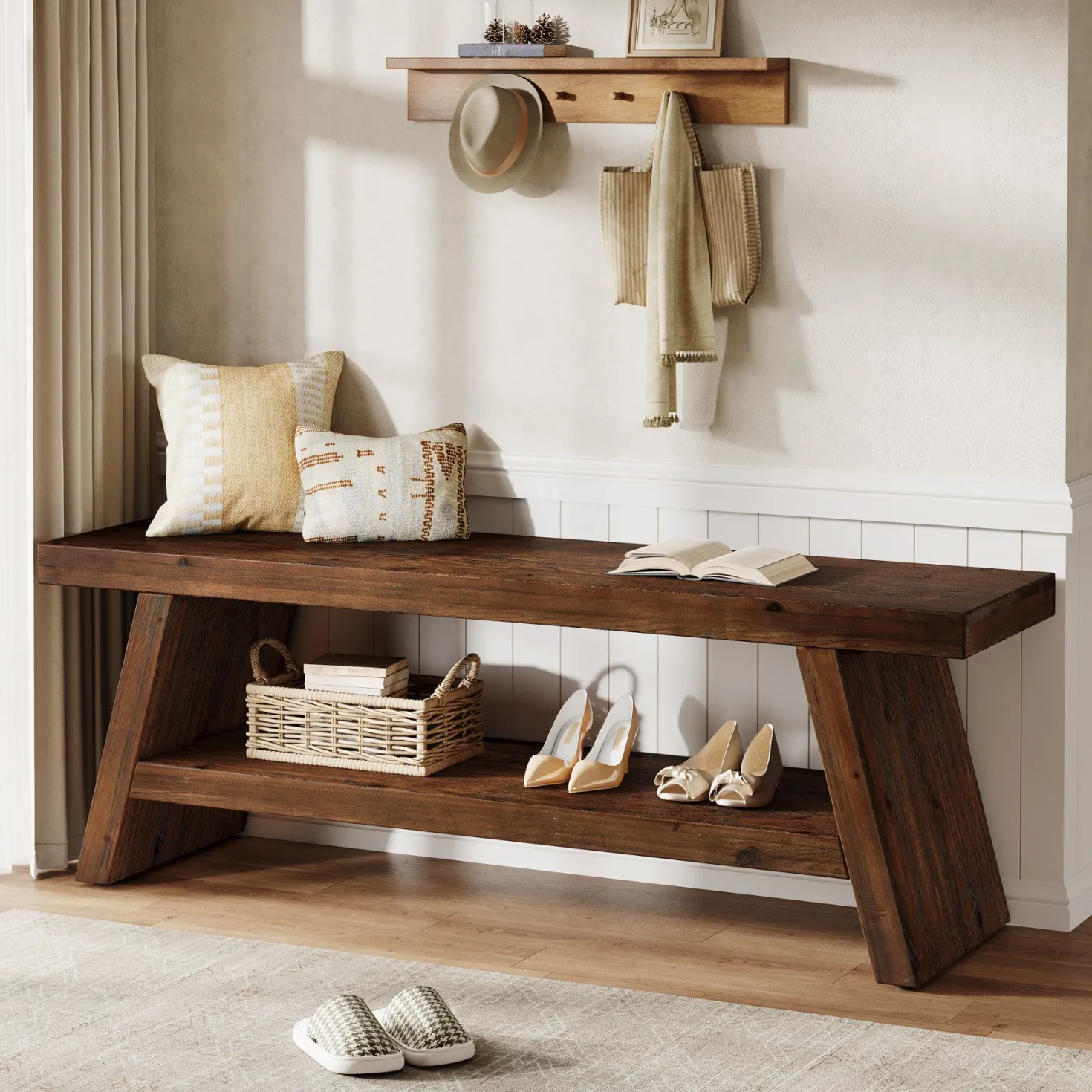 2-Tier Solid Wood Entryway Bench with Open Storage, Wooden Shoe Bench for Hallway & Foyer