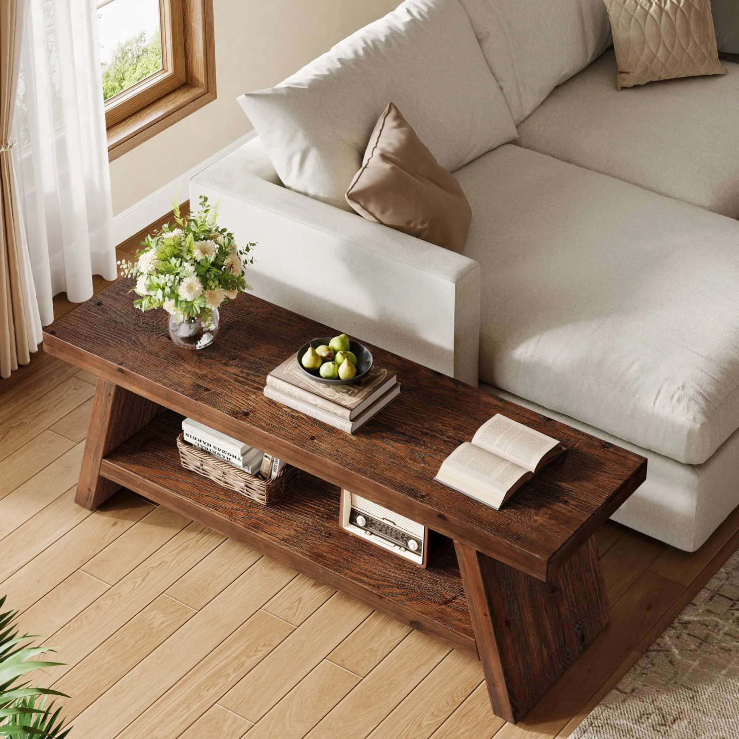 2-Tier Solid Wood Entryway Bench with Open Storage, Wooden Shoe Bench for Hallway & Foyer