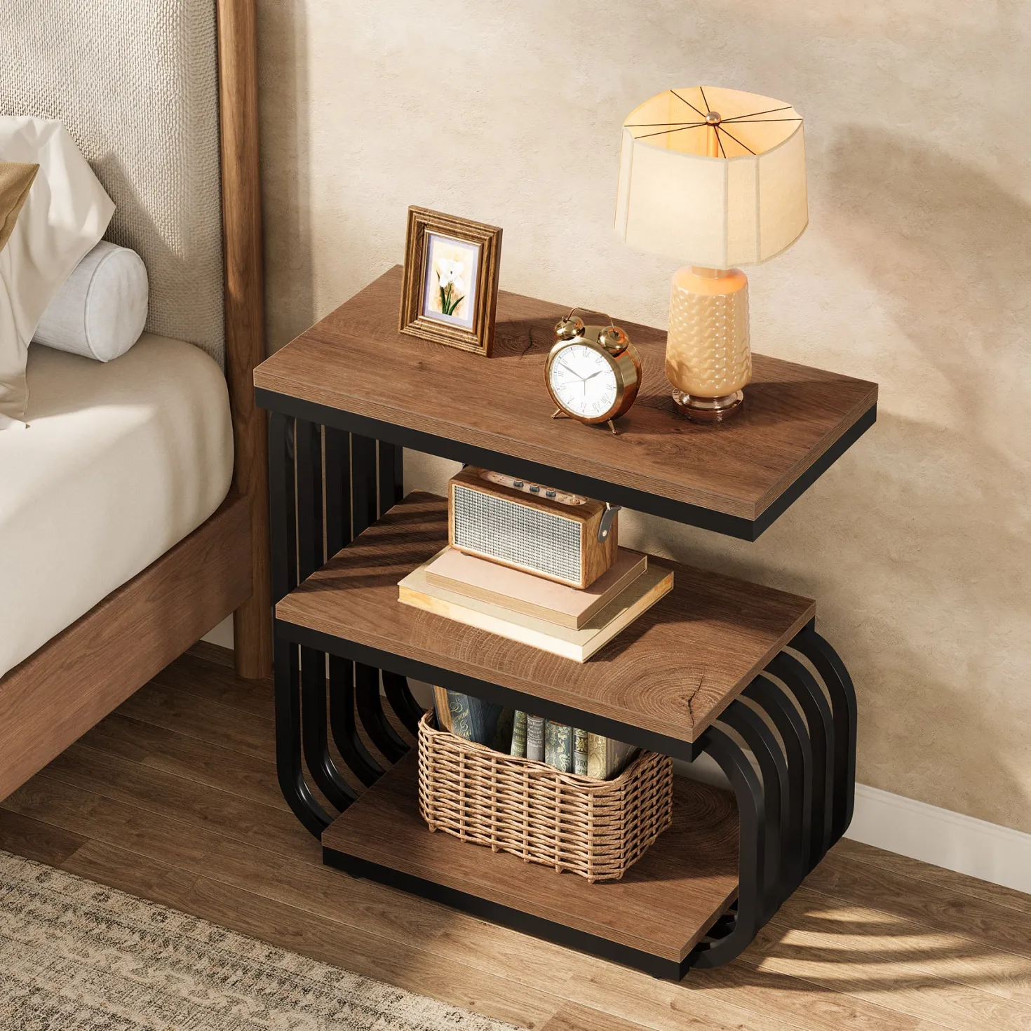 3-Tier Vintage Nightstand, Narrow Bedside Stand with Metal Frame