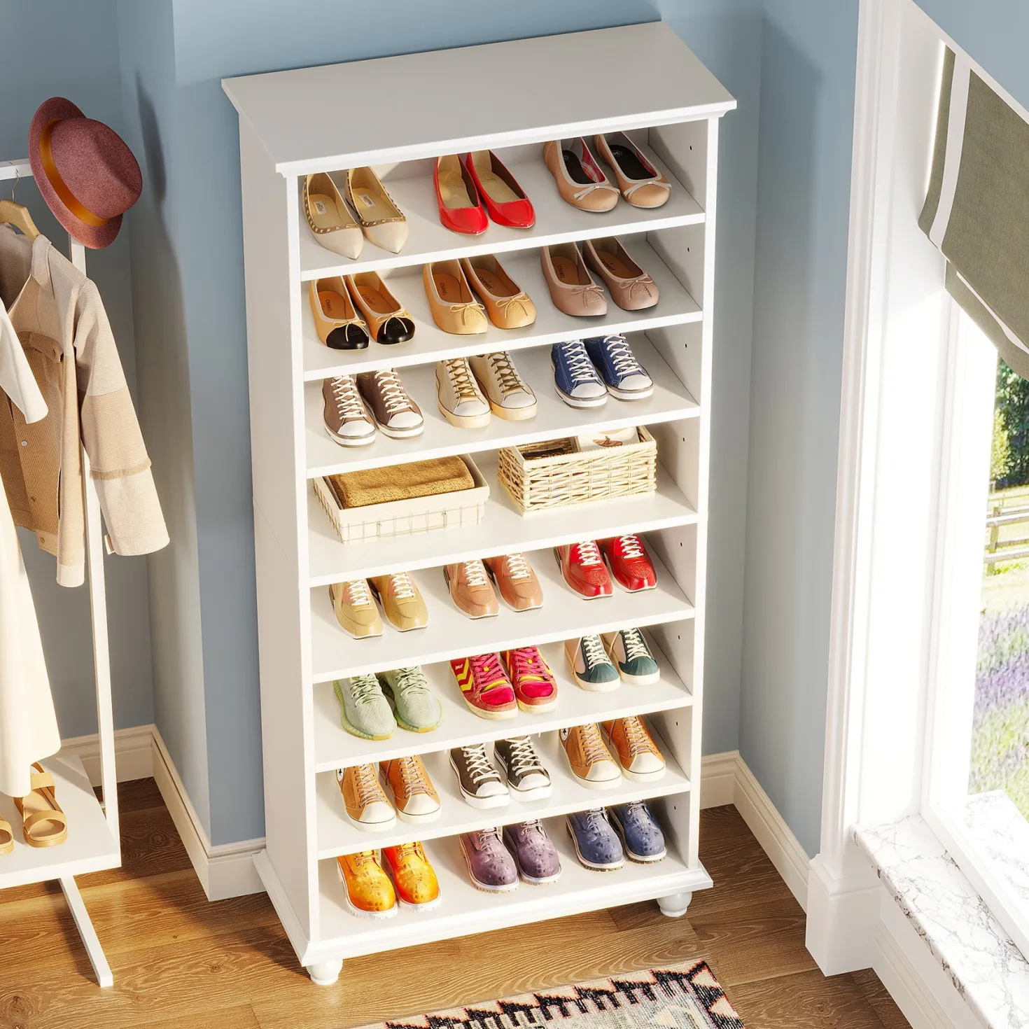 9-Tier Wood Shoe Cabinet Rack with LED Lighting & Solid Wood Legs