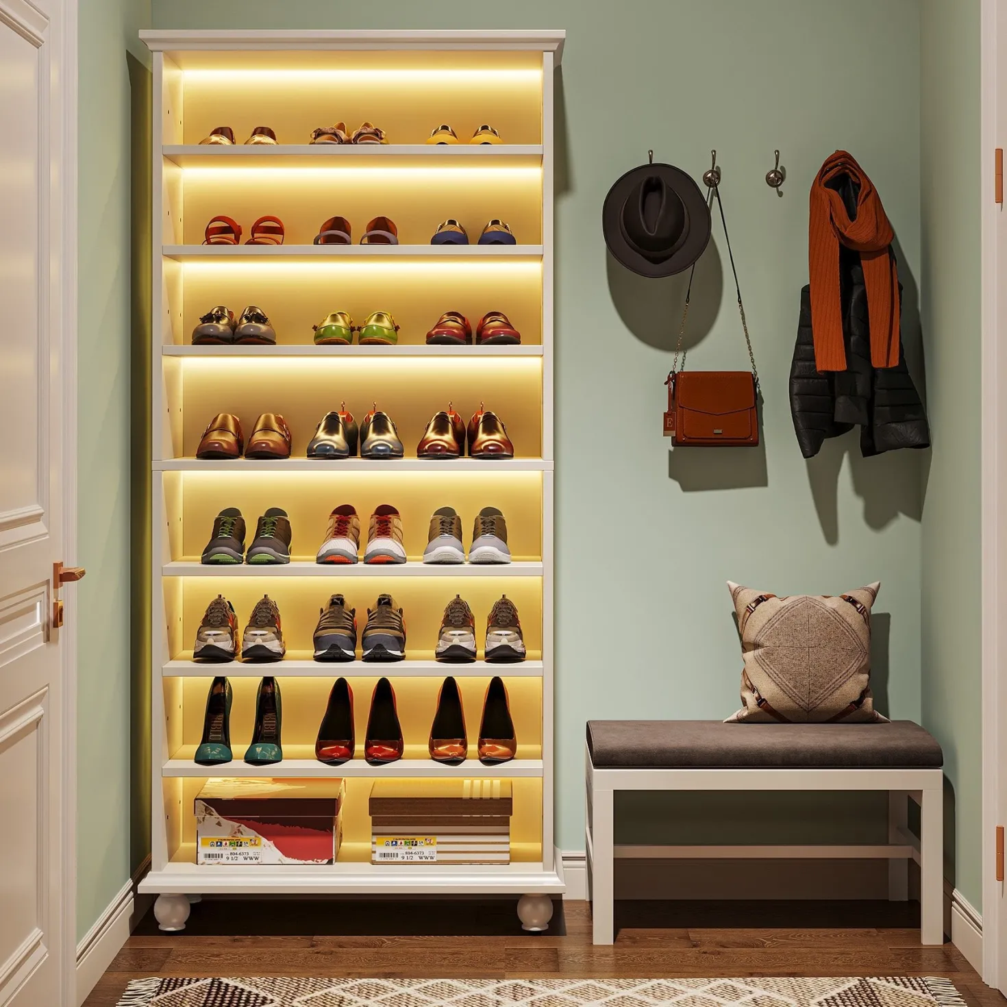 9-Tier Wood Shoe Cabinet Rack with LED Lighting & Solid Wood Legs