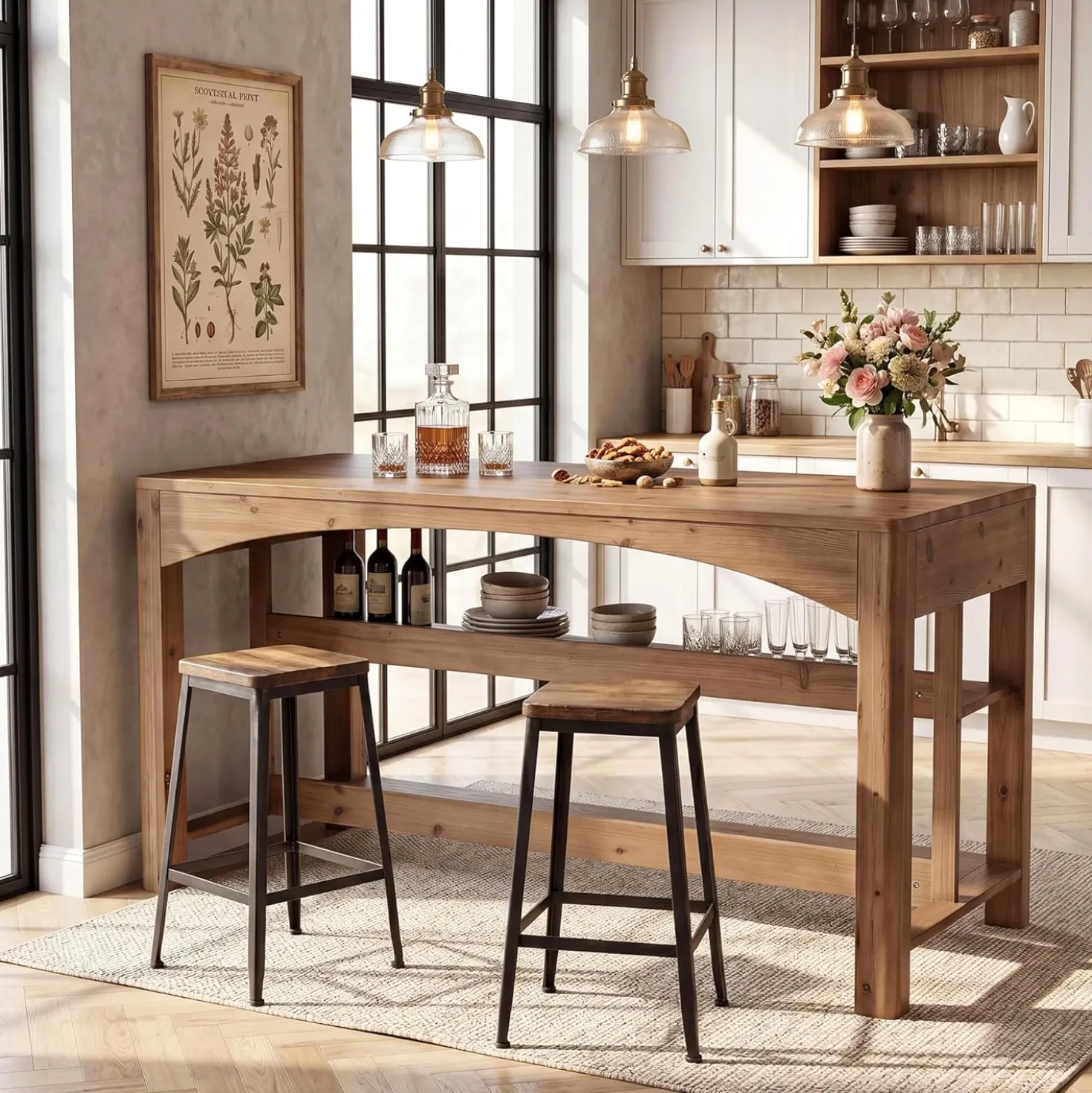 Tribesigns 59-Inch Bar Table, Farmhouse Counter Height Table with Storage Shelves for Kitchen Dining Room