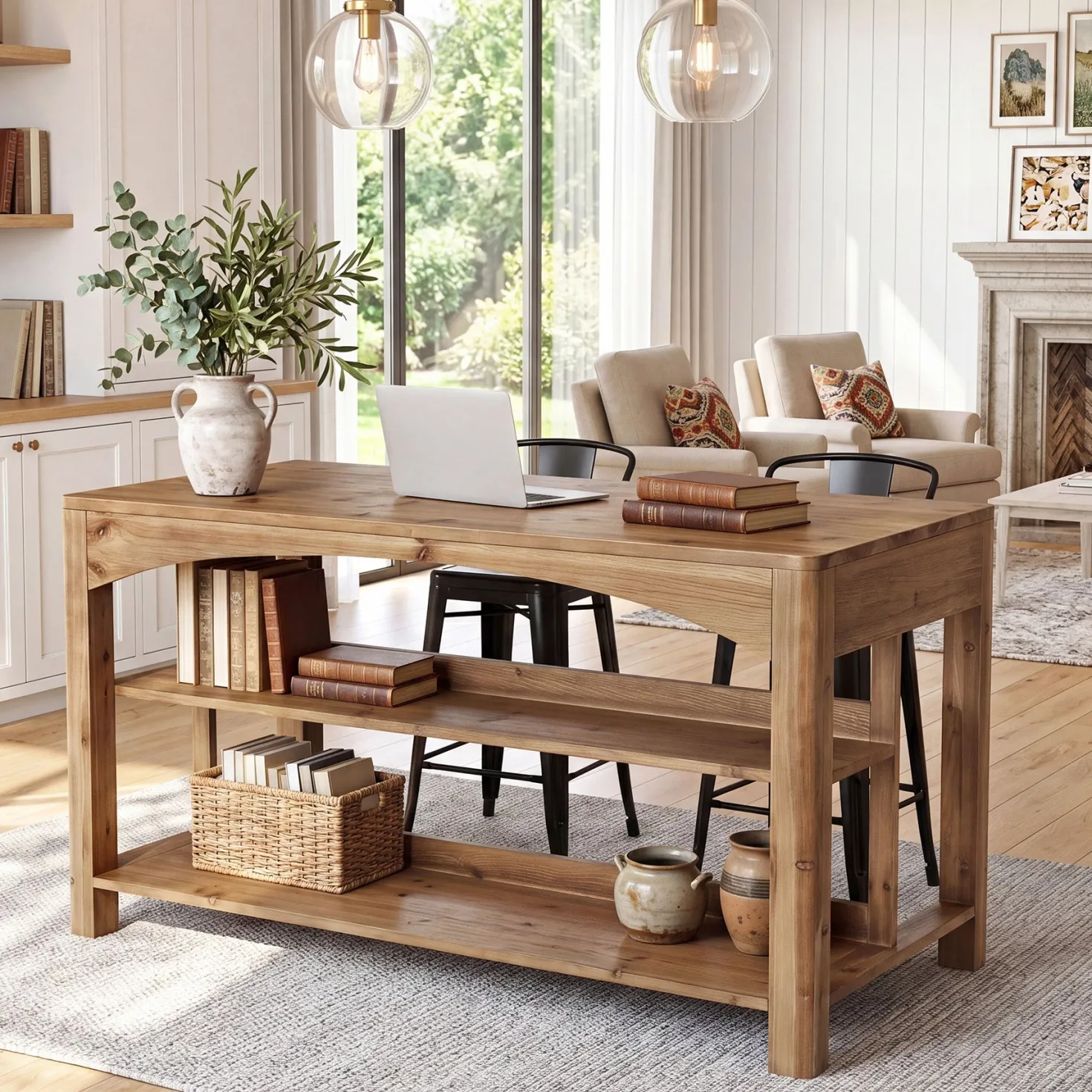 Tribesigns 59-Inch Kitchen Island, Solid Wood Island Table with 3-Tier Storage for Kitchen Dining Room
