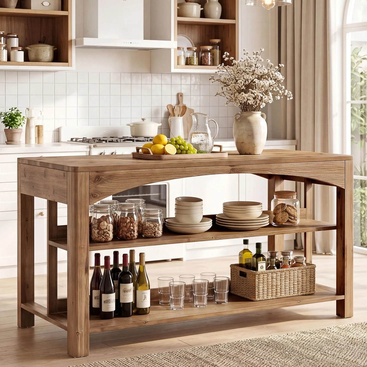 Tribesigns 59-Inch Kitchen Island, Solid Wood Island Table with 3-Tier Storage for Kitchen Dining Room