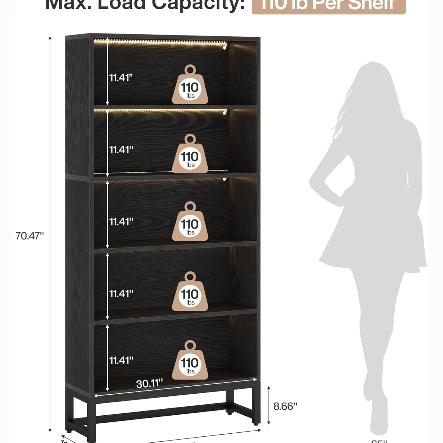 Tribesigns 70.8-Inch Tall Bookcase with LED Lights, 5-Tier Black Bookshelf Organizer