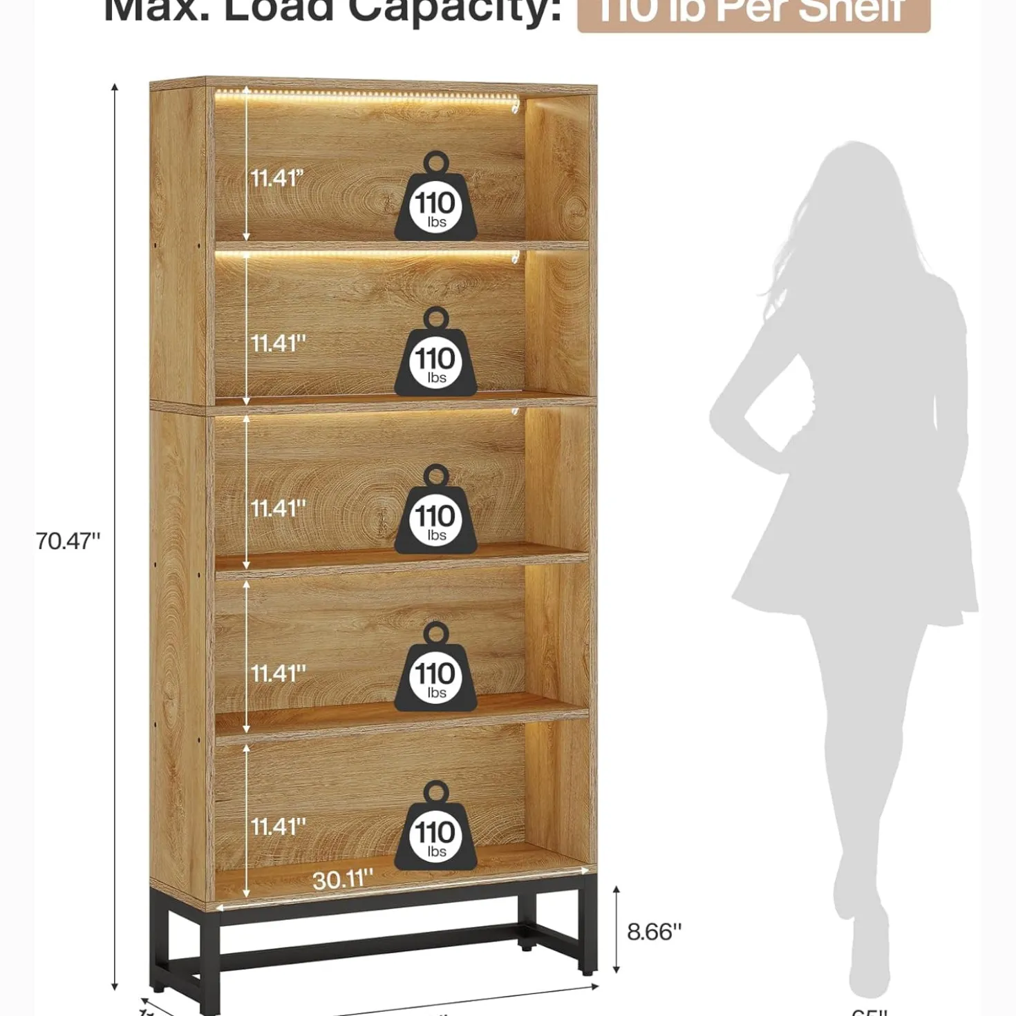 Tribesigns 70.8-Inch Tall Bookcase with LED Lights, 5-Tier Black Bookshelf Organizer