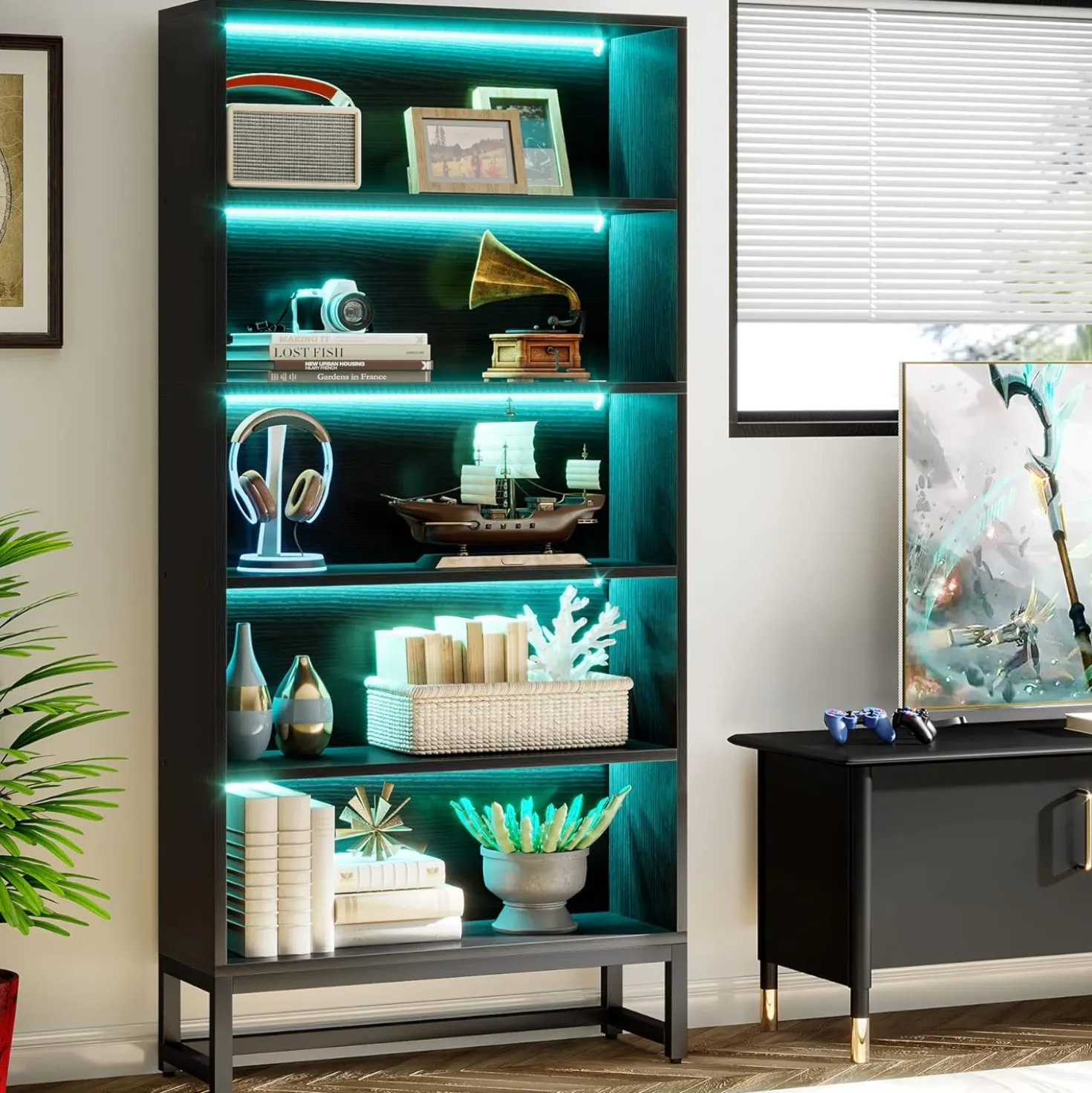 Tribesigns 70.8-Inch Tall Bookcase with LED Lights, 5-Tier Black Bookshelf Organizer