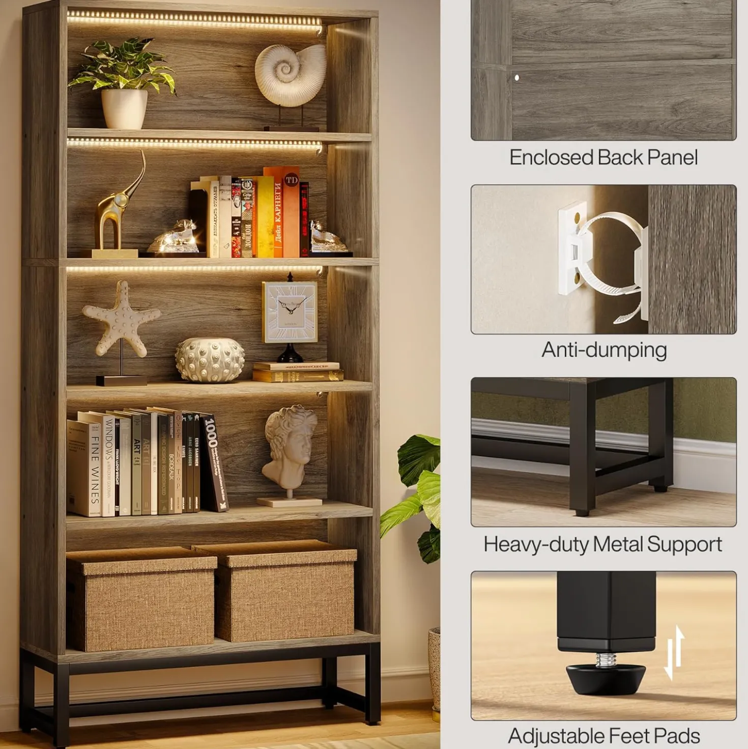 Tribesigns 70.8-Inch Tall Bookcase with LED Lights, 5-Tier Black Bookshelf Organizer