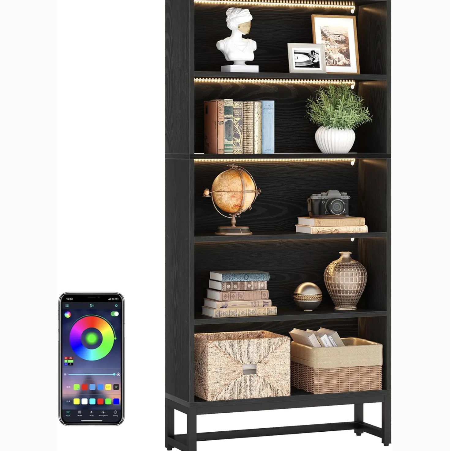 Tribesigns 70.8-Inch Tall Bookcase with LED Lights, 5-Tier Black Bookshelf Organizer