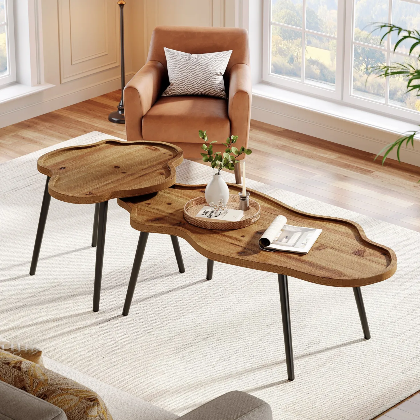 Tribesigns Nesting Coffee Table Set of 2, Solid Wood with Cloud Tabletop
