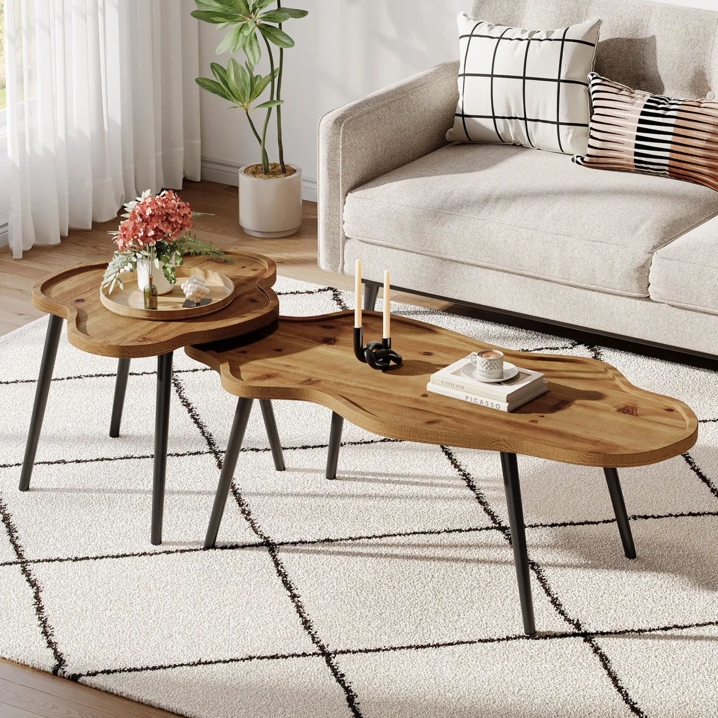 Tribesigns Nesting Coffee Table Set of 2, Solid Wood with Cloud Tabletop