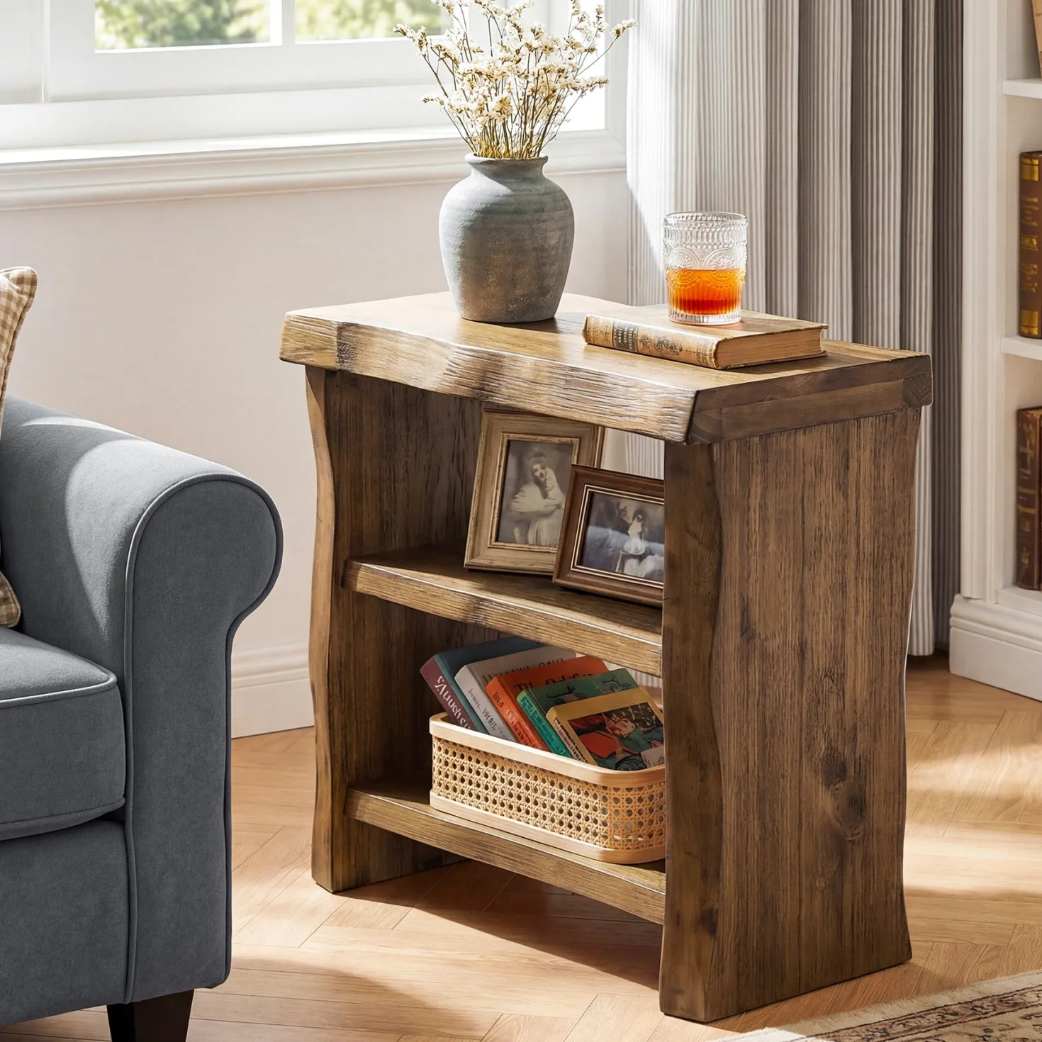 Tribesigns Solid Wood End Table, 3-Tier Live Edge Side Table for Bedroom