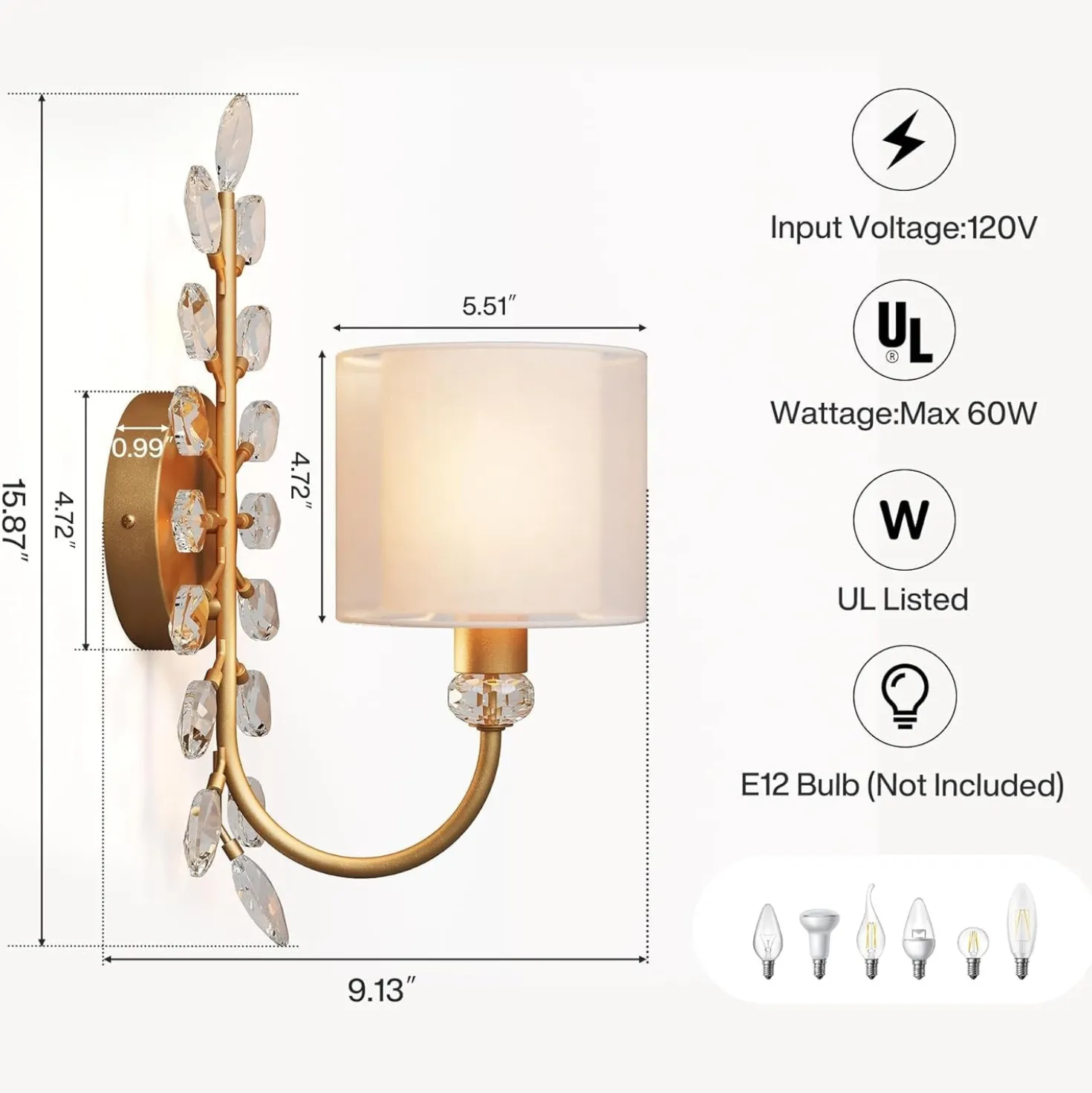 Wall Light Fixtures, Decorative Wall Sconce with Crystal Leaves Shape for Living Room(E12 Base)