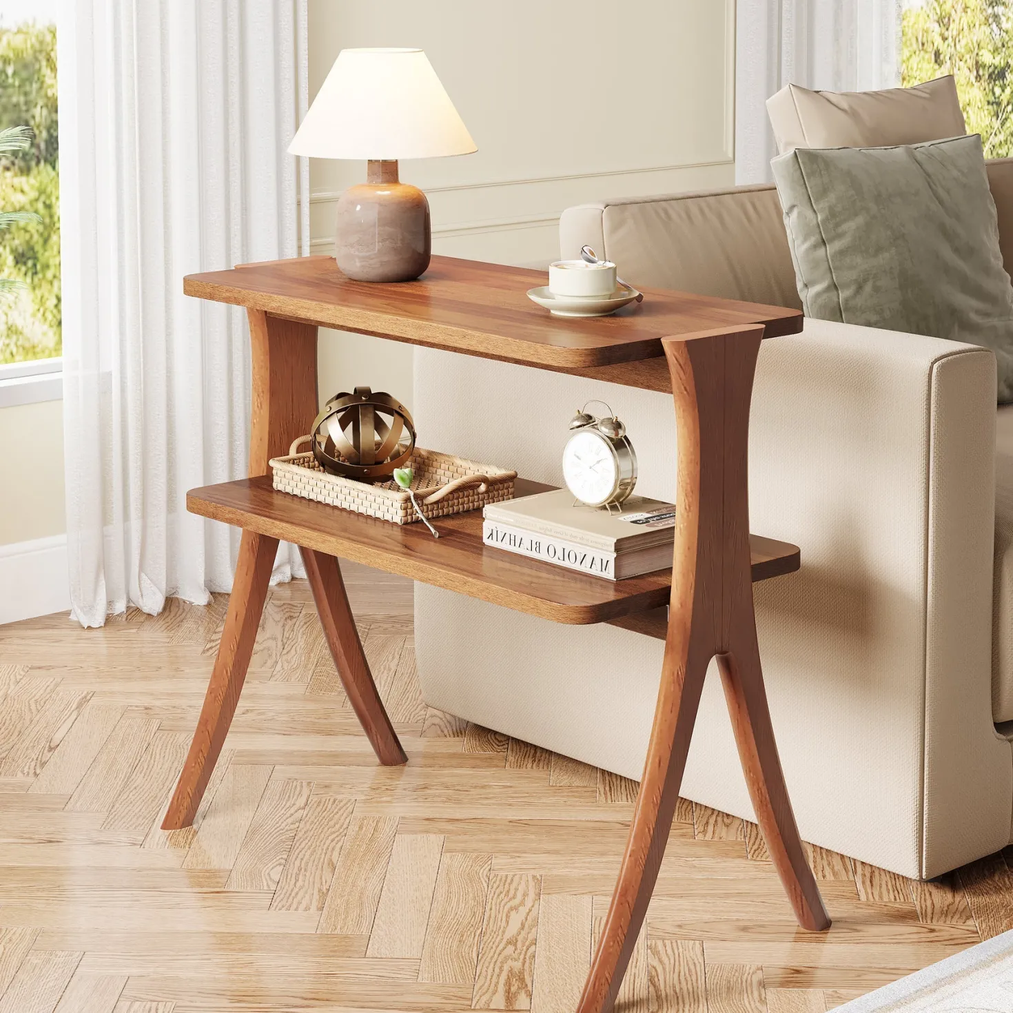 Wood End Table, Farmhouse Side Table with 2-Tier Storage Shelf