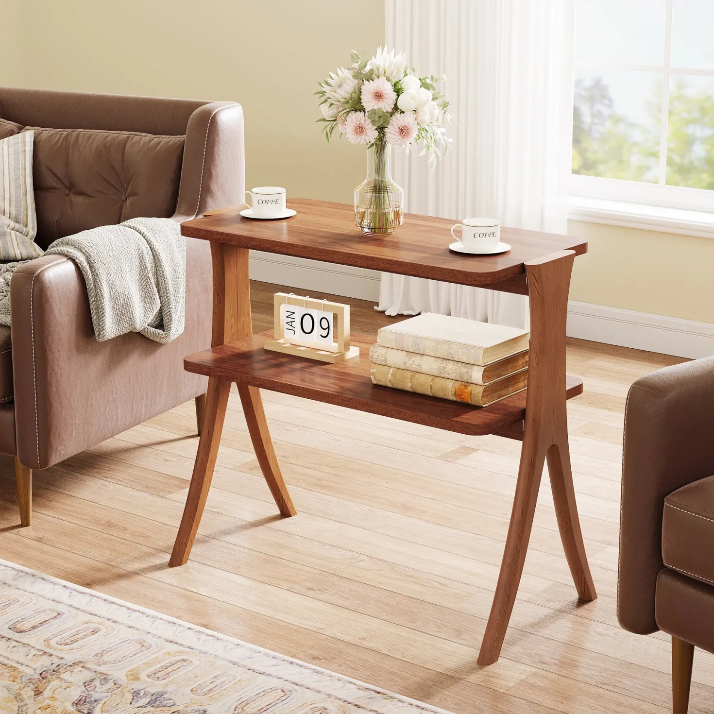 Wood End Table, Farmhouse Side Table with 2-Tier Storage Shelf