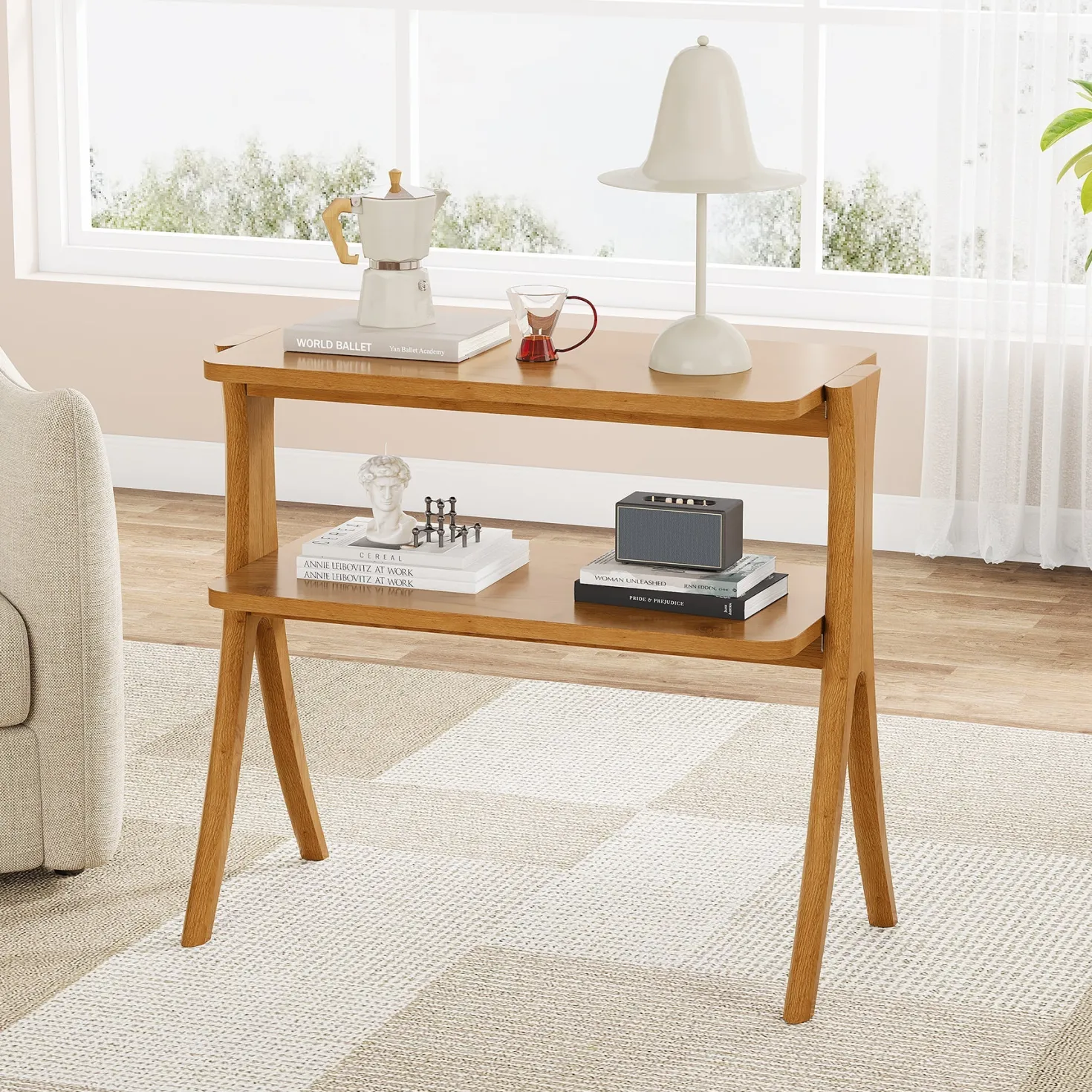 Wood End Table, Farmhouse Side Table with 2-Tier Storage Shelf