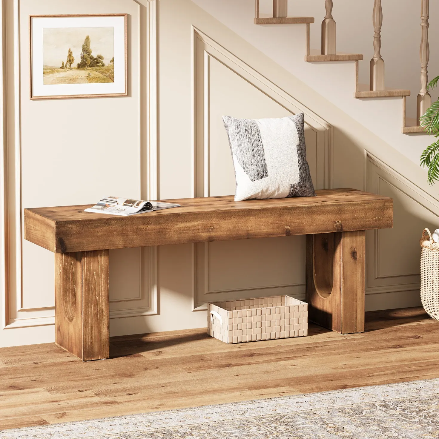 Wood Shoe Bench, 47" Narrow Entryway Bench End of Bed Bench