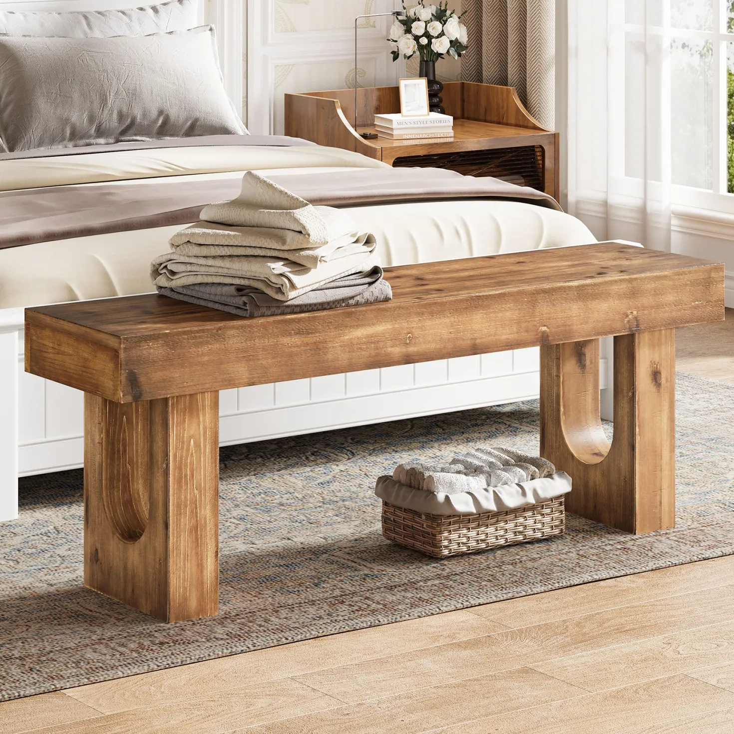 Wood Shoe Bench, 47" Narrow Entryway Bench End of Bed Bench