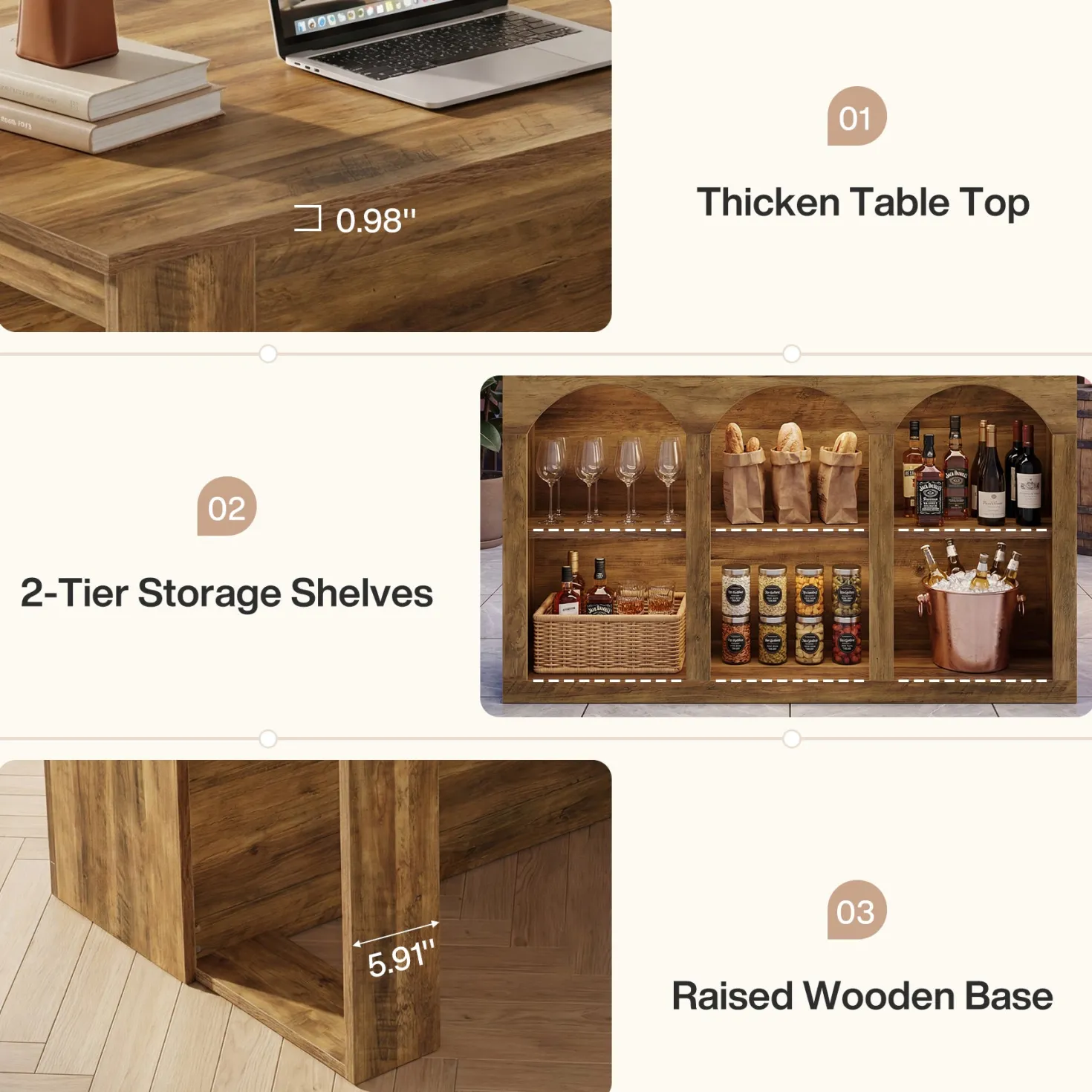 Wooden Kitchen Island, 55" Counter Height Coffee Bar Table with 2-Tier Shelves