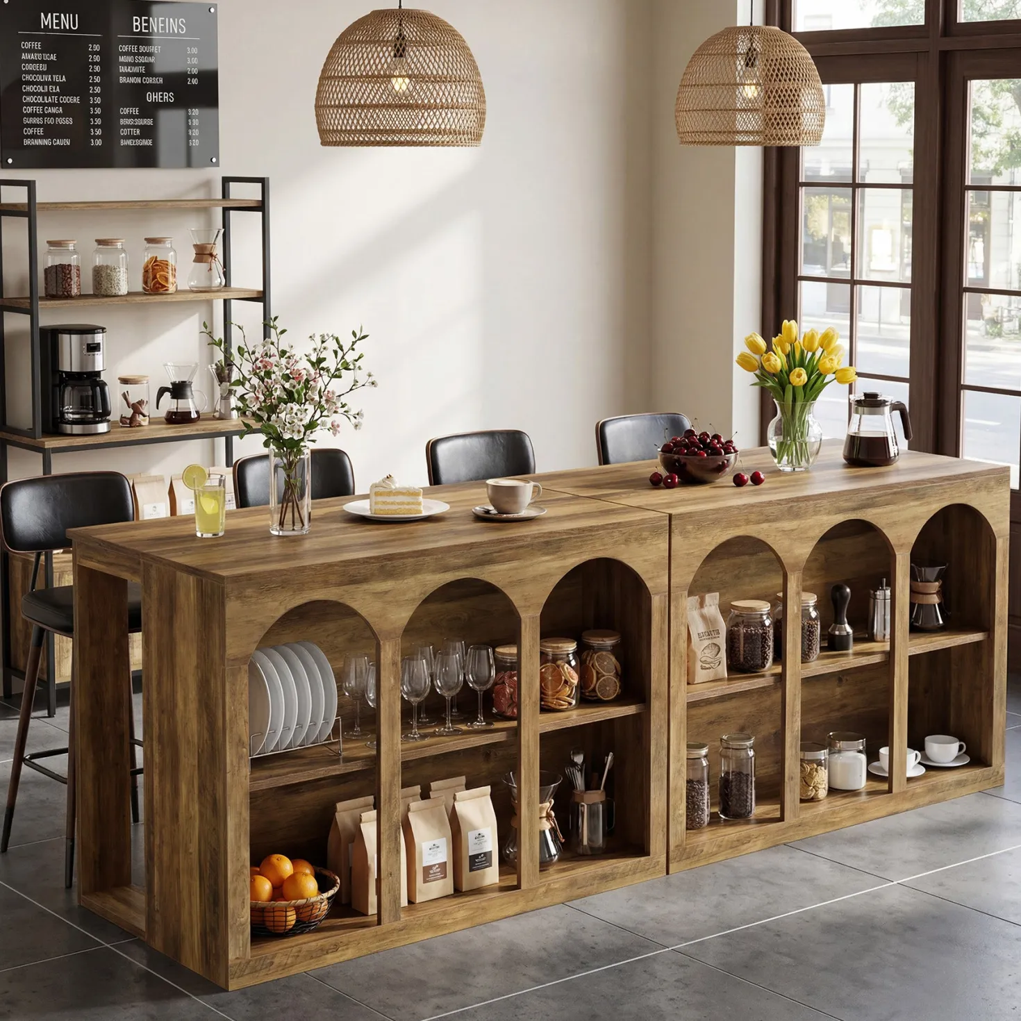 Wooden Kitchen Island, 55" Counter Height Coffee Bar Table with 2-Tier Shelves