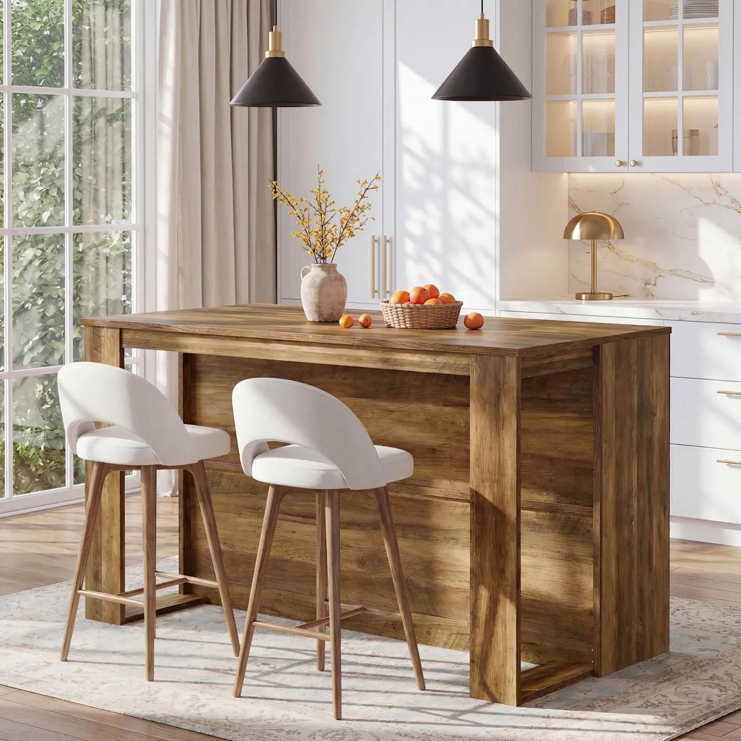 Wooden Kitchen Island, 55" Counter Height Coffee Bar Table with 2-Tier Shelves