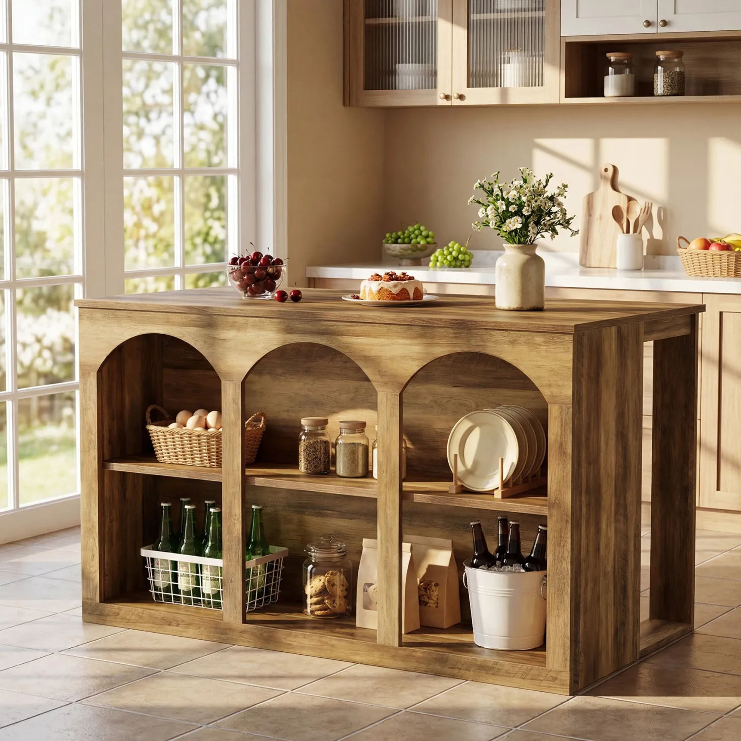 Wooden Kitchen Island, 55" Counter Height Coffee Bar Table with 2-Tier Shelves