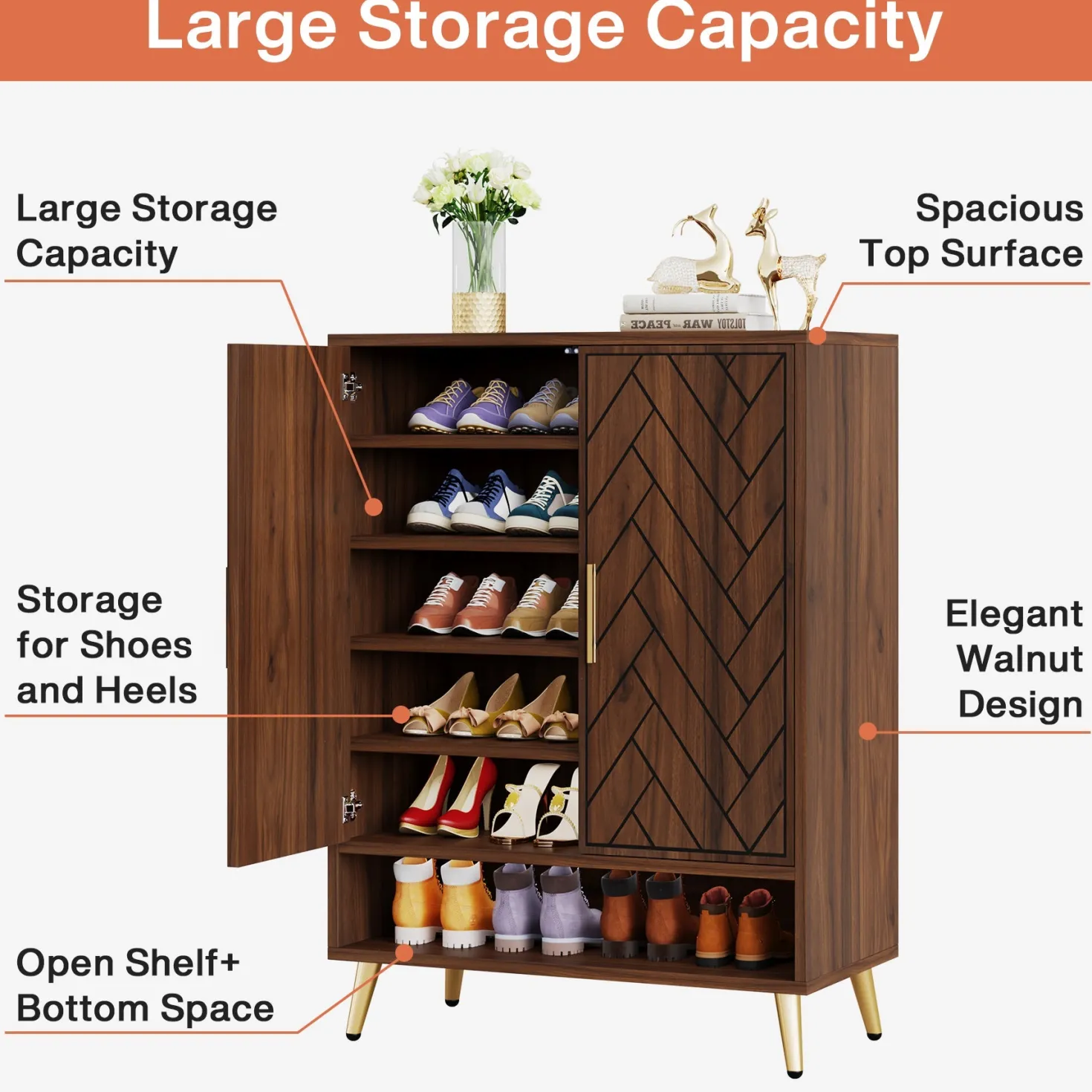 Wooden Shoe Cabinet, 6-Tier Shoe Organizer with Adjustable Shelves