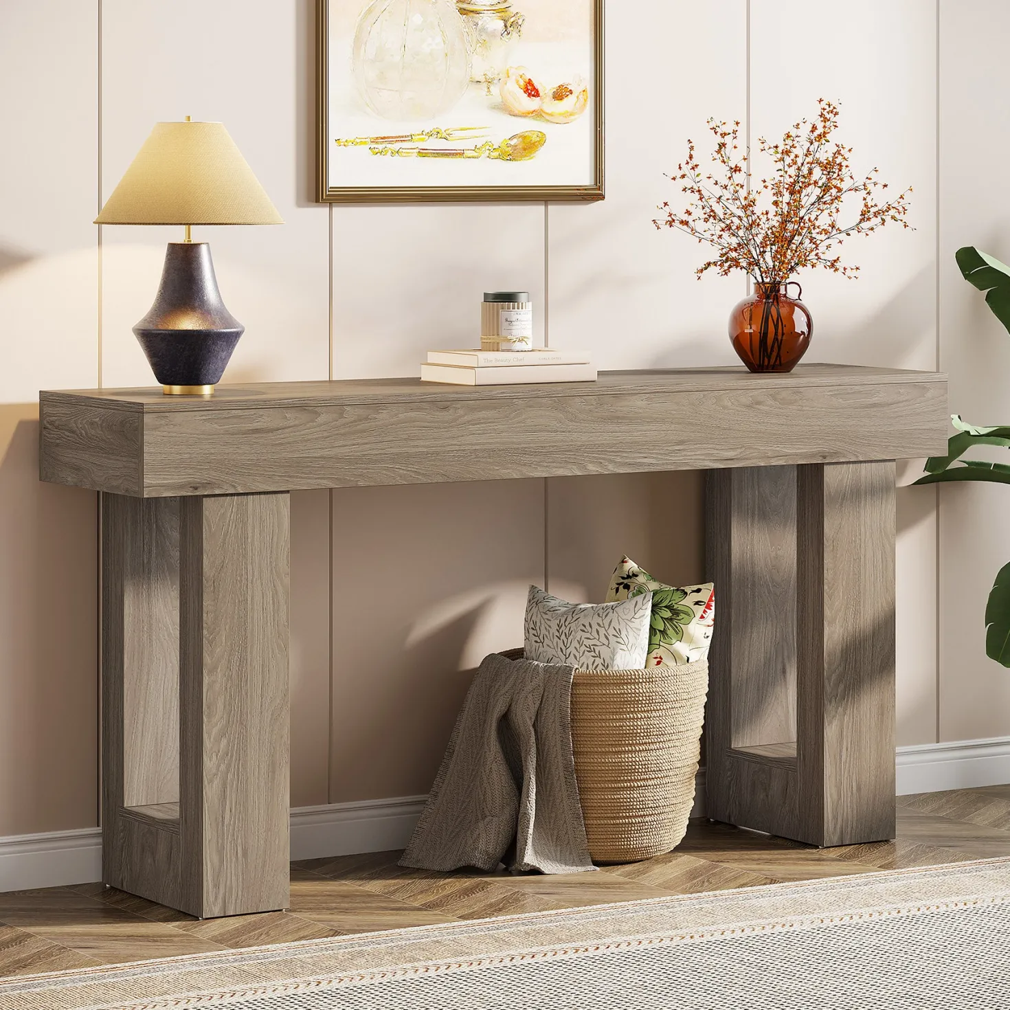 Wooden Sofa Table, 63-Inch Modern Console Table For Living Room