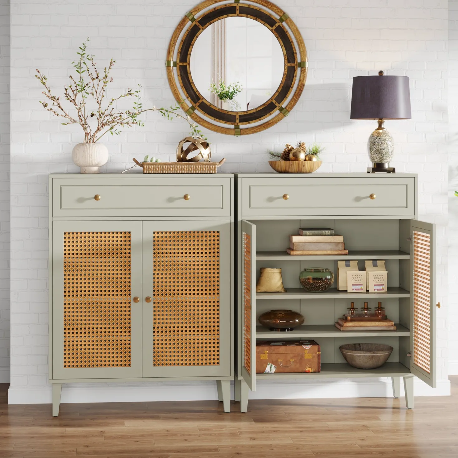 Wooden Storage Cabinet Sideboard with Adjustable Shelves and Drawer
