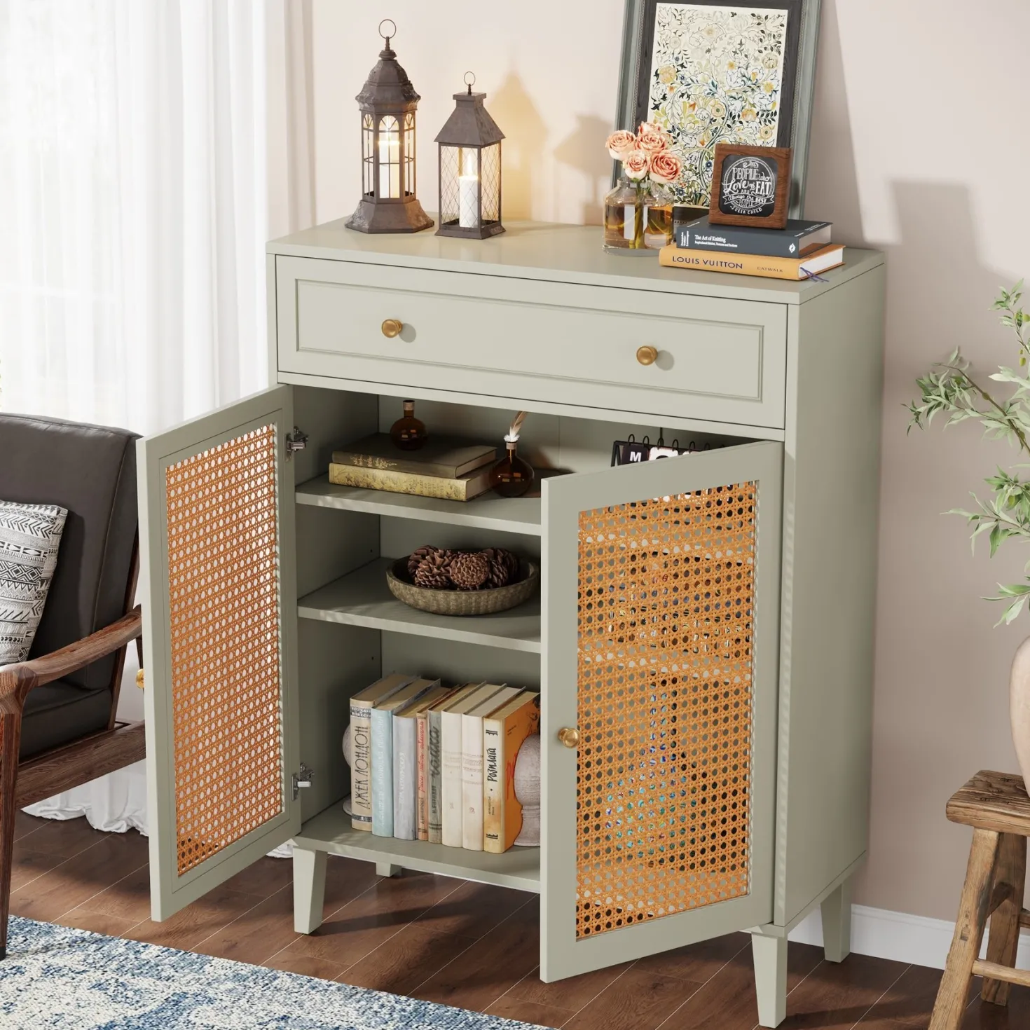 Wooden Storage Cabinet Sideboard with Adjustable Shelves and Drawer